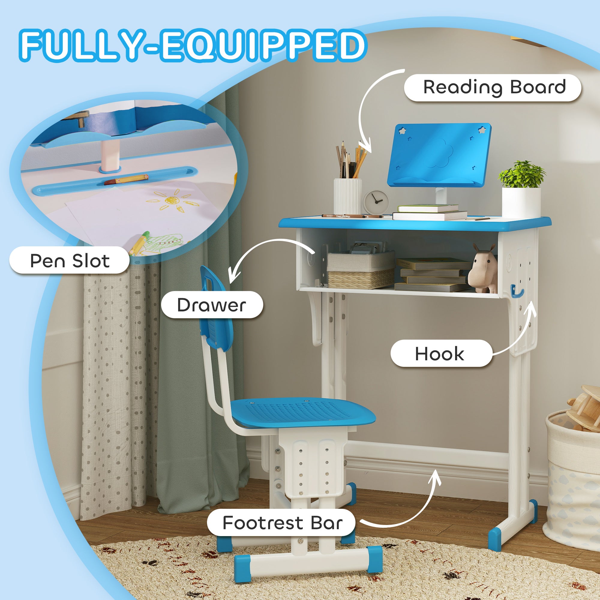 HOMCOM Kids Adjustable Desk and Chair Set, Book Stand, Pen Slot - Blue - North Peak Garden Furniture