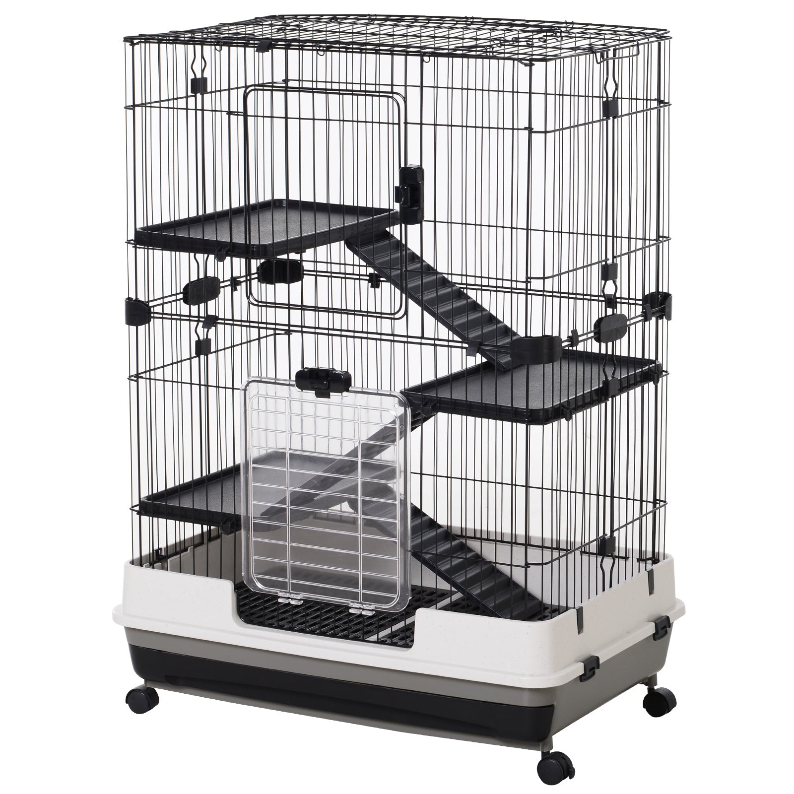 PawHut Four-Tier Small Animal Cage, for Bunnies, Ferrets, Chinchillas w/ Wheels, Tray - Black - North Peak Garden Furniture