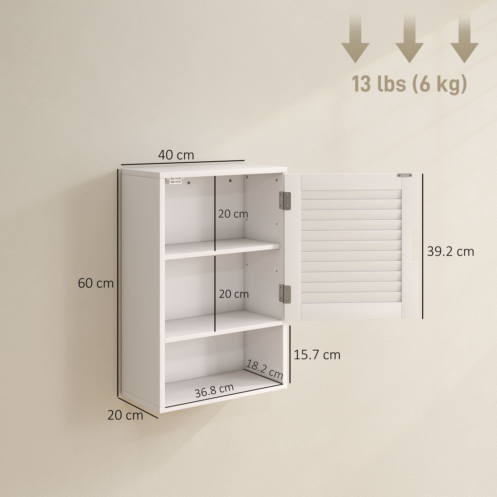 HOMCOM Bathroom Cabinet, Wall Mounted Storage Cabinet with Adjustable Shelves, 40 x 20 x 60 cm, White