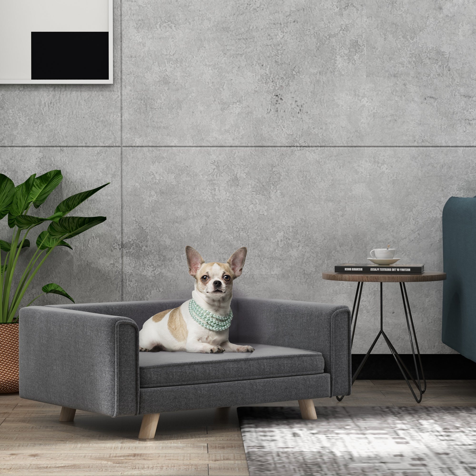 PawHut Elevated Dog Sofa Bed, with Cushion, for Medium and Small Dogs, Grey - North Peak Garden Furniture