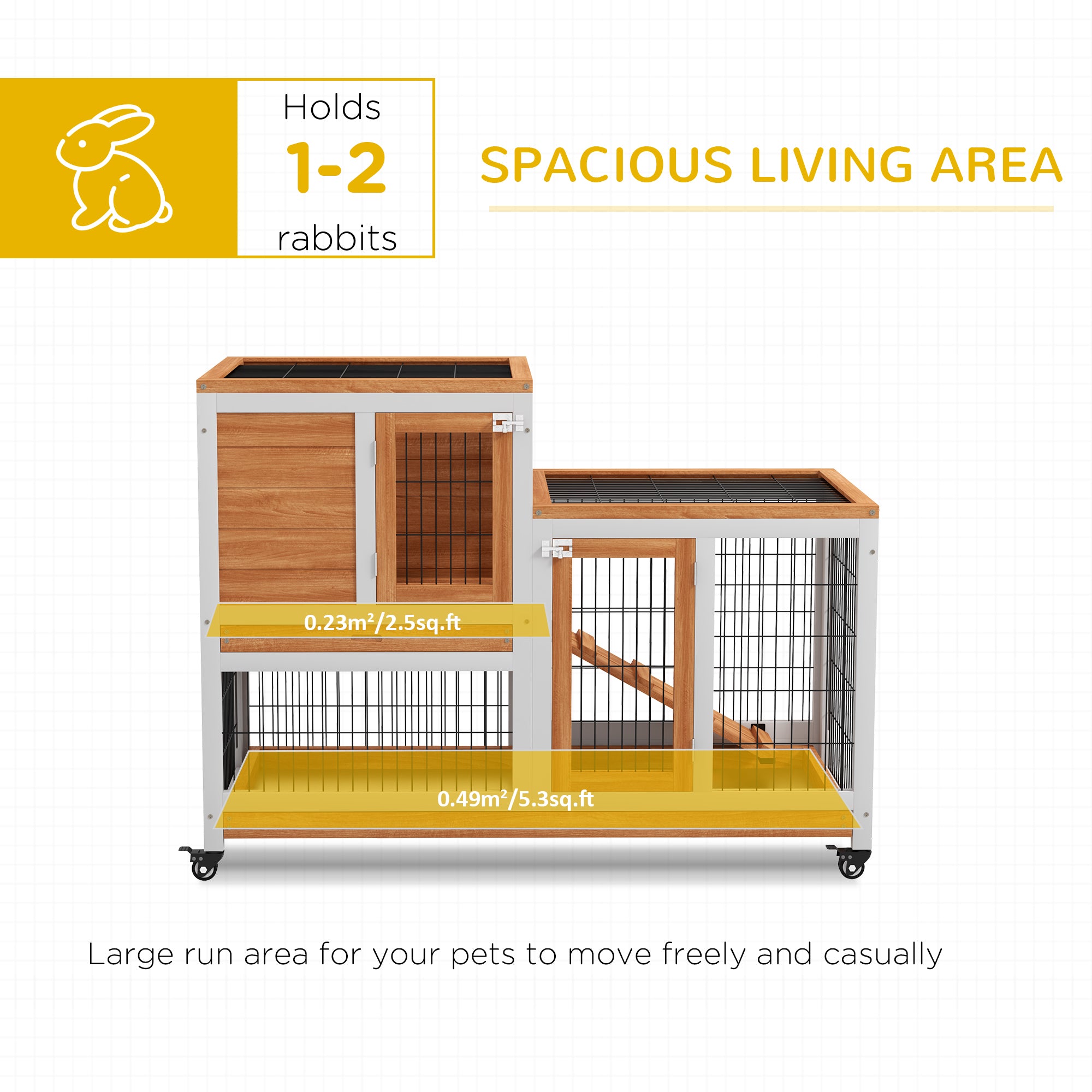PawHut Wooden Indoor Hutch Elevated Cage w/ Wheel, Run, Yellow - North Peak Garden Furniture