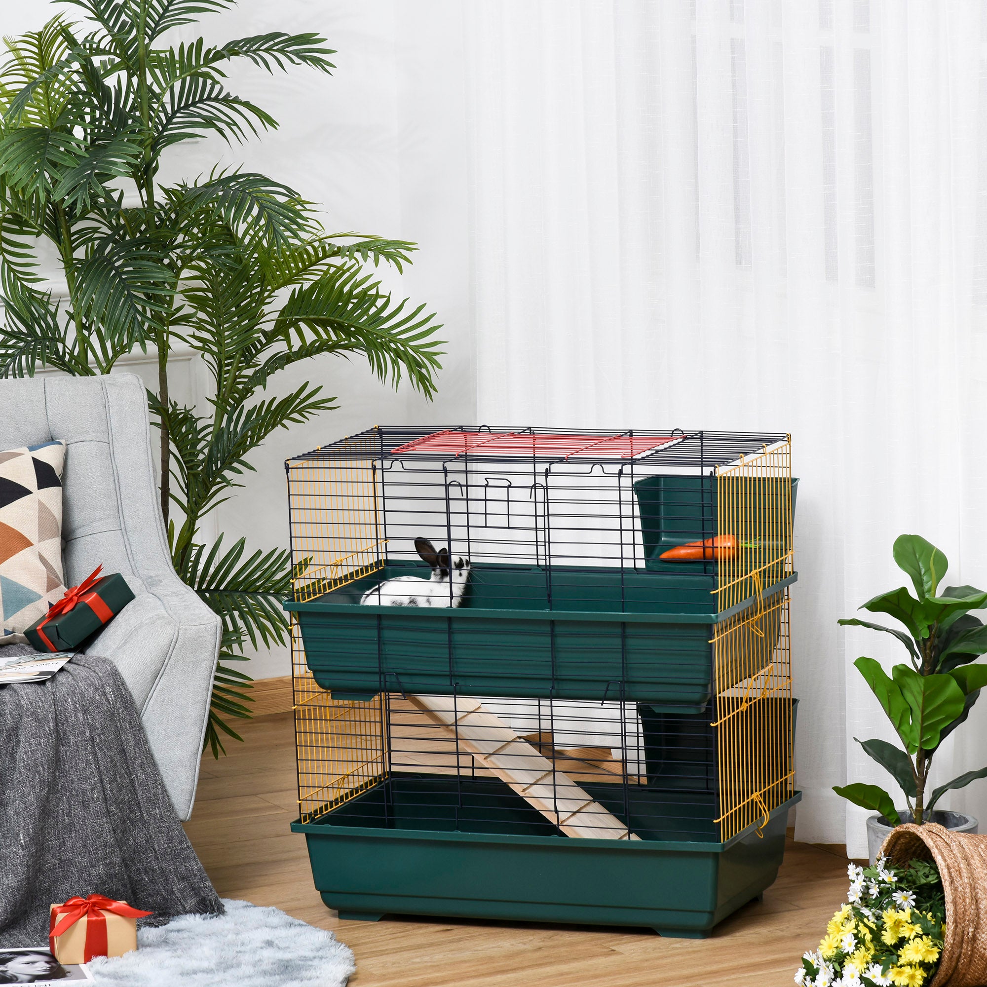 PawHut Indoor Rabbit Guinea Pig Cage Small Animal Cage Two Storey 80 x 44 x 82 cm - North Peak Garden Furniture