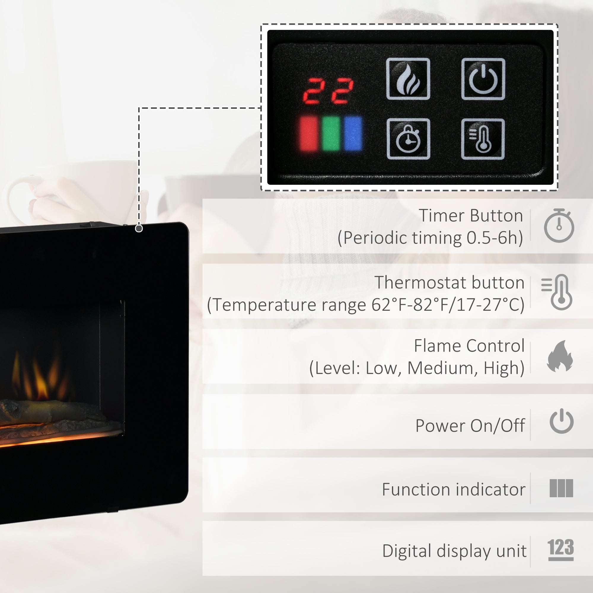 HOMCOM Electric Wall-Mounted Fireplace Heater with Adjustable Flame Effect, Remote Control, Timer, 1800/2000W, Black