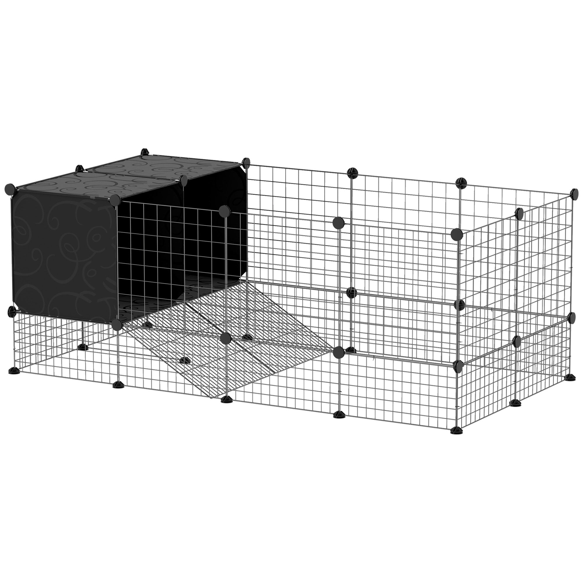 PawHut DIY Small Animal Cage with Elevated Huts, C&C Cage for Guinea Pigs, Hedgehogs, Rabbits, 31 Panels, Black - North Peak Garden Furniture