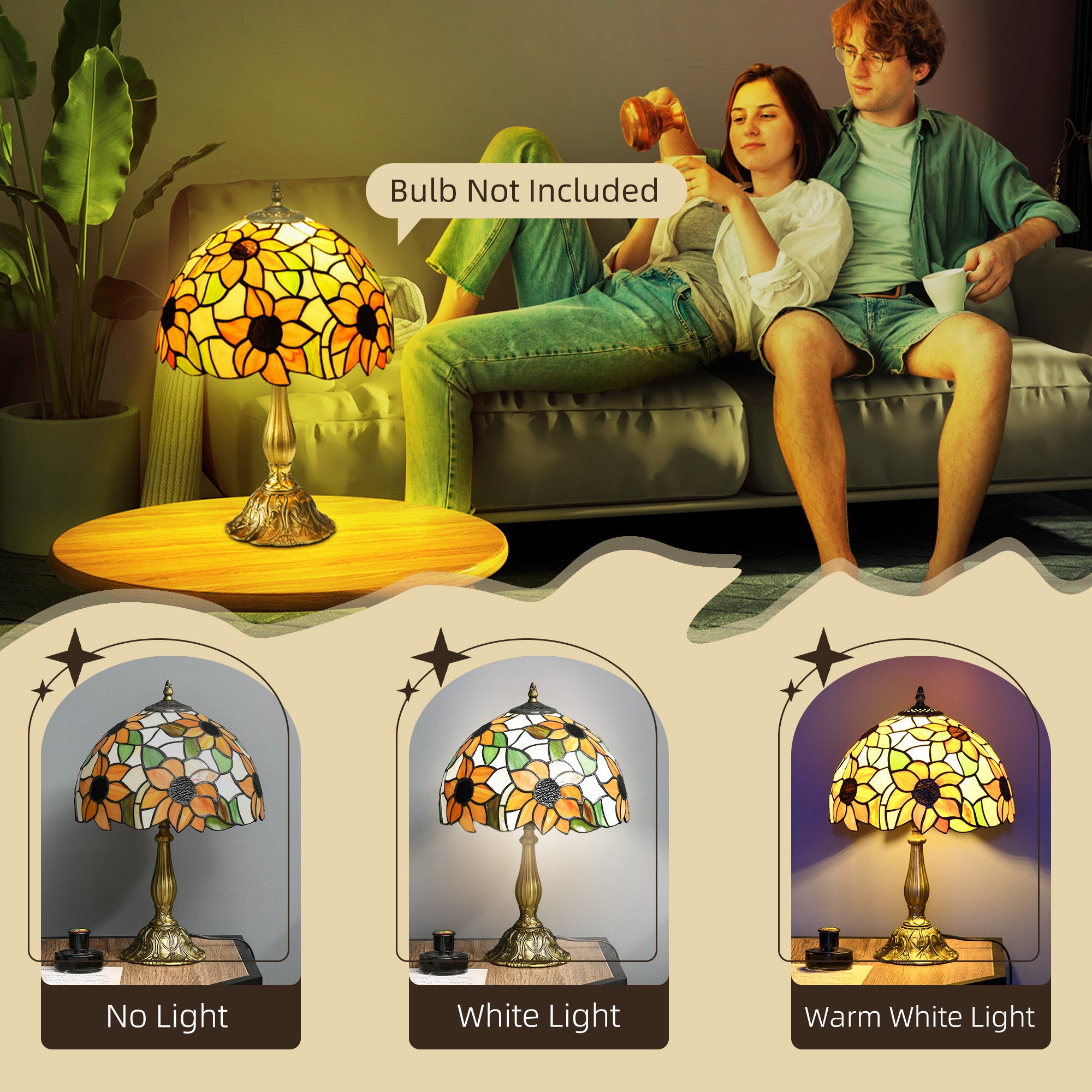 HOMCOM Stained Glass Table Lamp, Handmade Antique Bedside Lamp for Bedroom, Living room, Home, Nightstand, Decorative Night Light, Orange Sunflower - North Peak Garden Furniture
