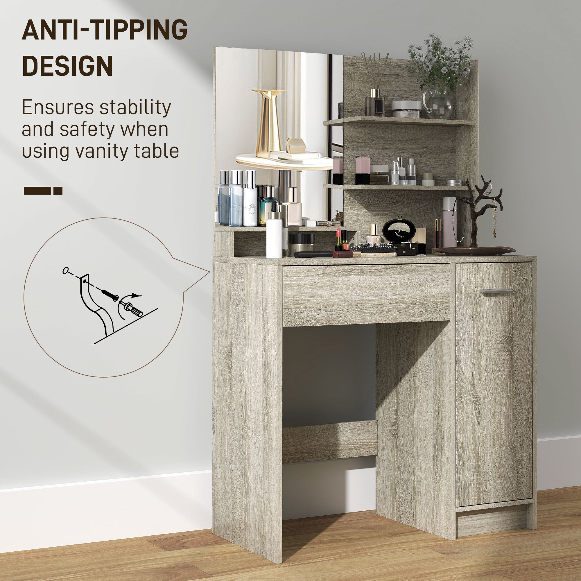 HOMCOM Dressing Table and Stool Set, with Storage - Natural Wood Finish - North Peak Garden Furniture