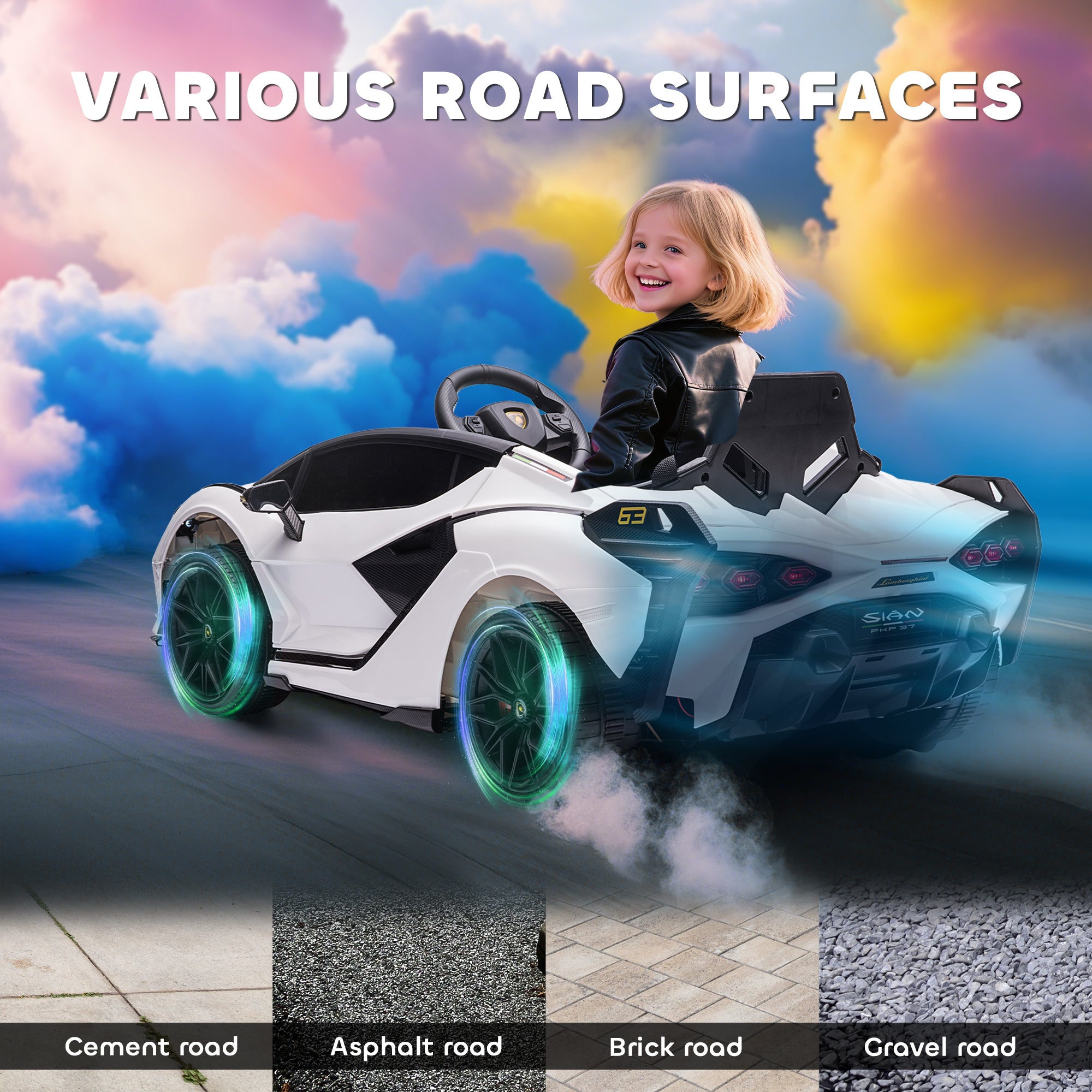 HOMCOM Lamborghini Sian Licensed 12V Kids Electric Ride On Car 2 Motors Toy Car with Remote Control Music Lights MP3 for 3-5 Years White