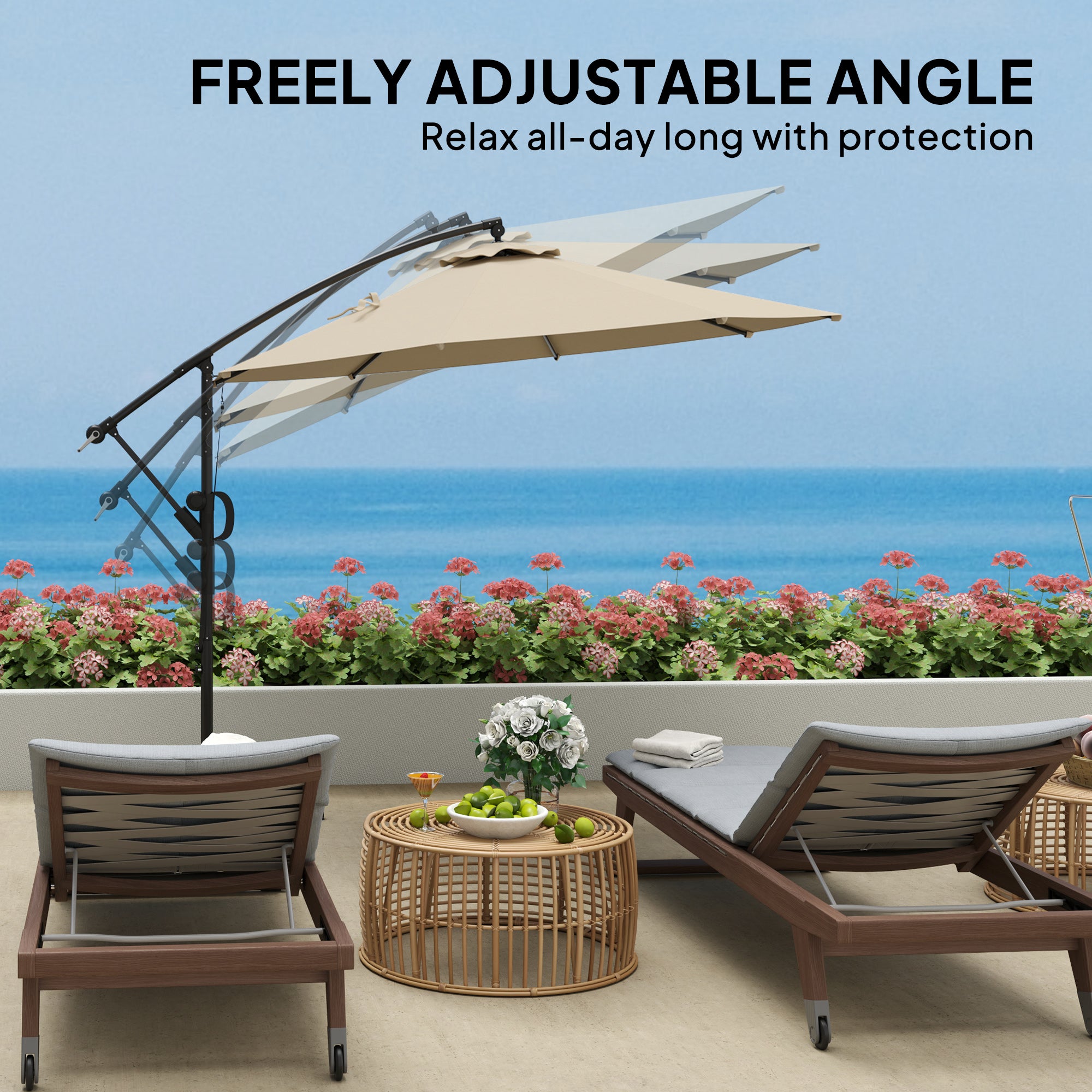 Outsunny 3(m) Garden Cantilever Parasol with Cover and Wind Protection Strap, Round Overhanging Umbrella with Crank Handle and Tilt, Banana Patio Umbrella for Outdoor Sun Shade, UPF50+, Khaki - North Peak Garden Furniture