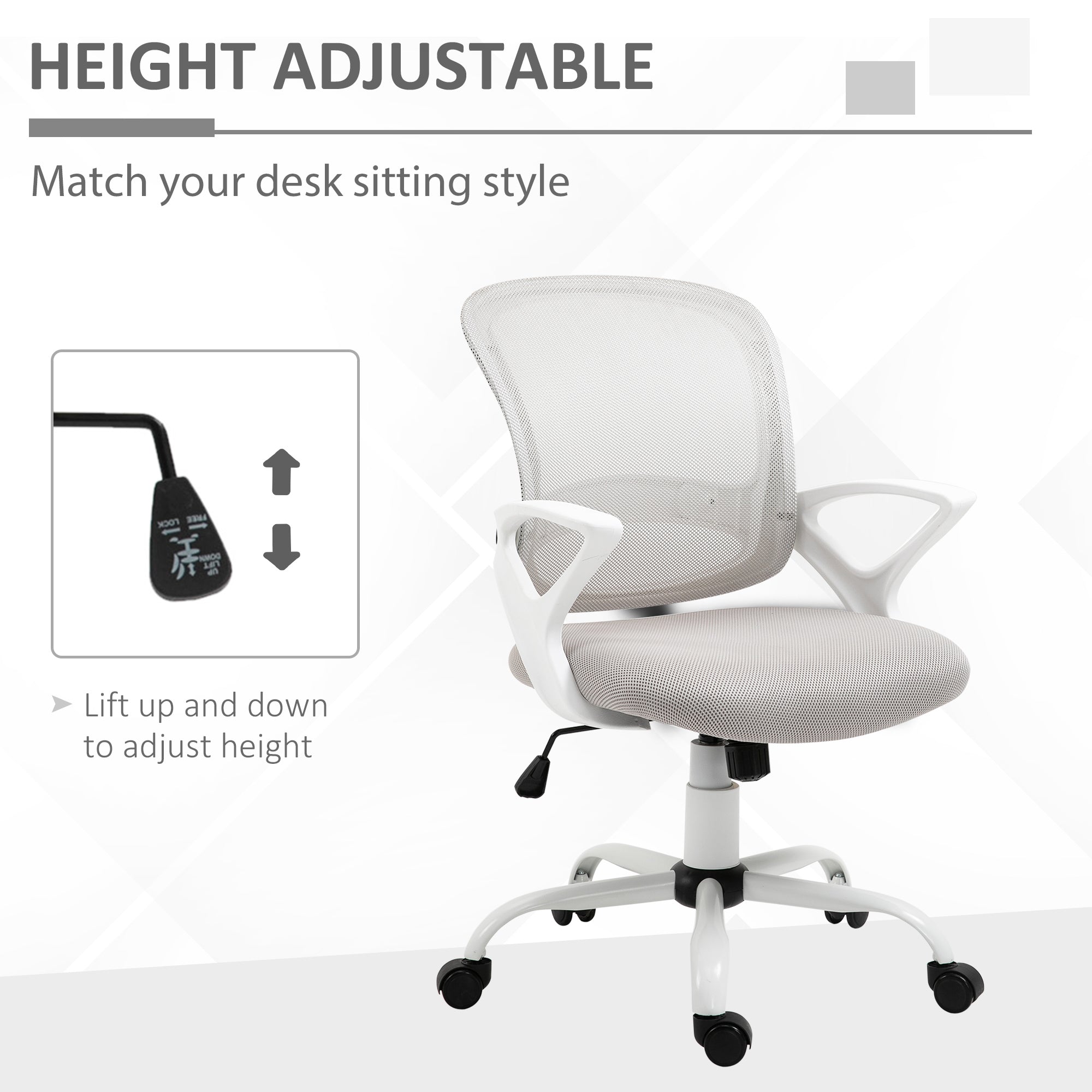Vinsetto Office Chair Mesh Swivel Desk Chair with Lumbar Back Support Adjustable Height Armrests Grey - North Peak Garden Furniture