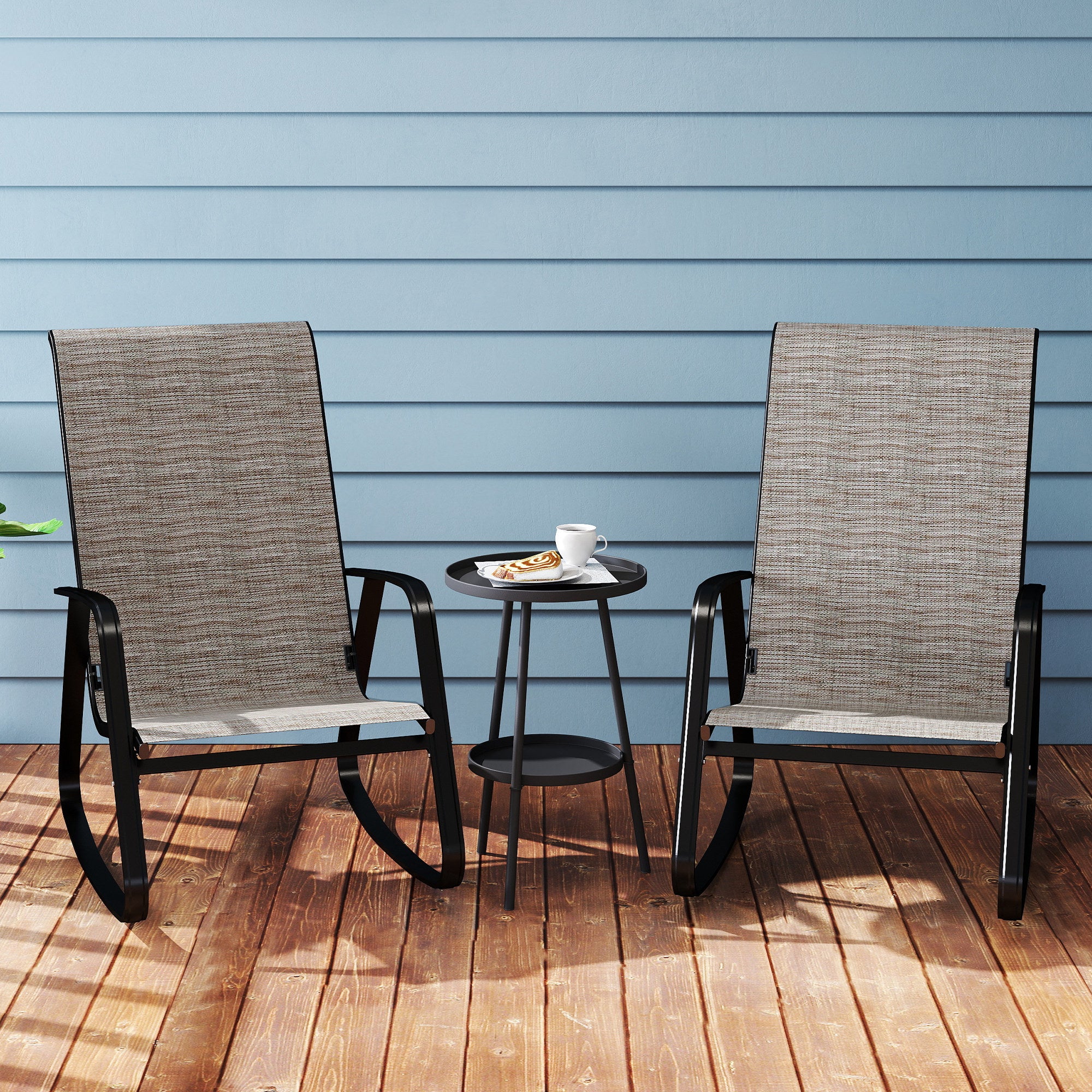 Outsunny Garden Rocking Chairs Set of 2, Ergonomic Outdoor Rocking Chairs with Armrests, High Backrest, Steel Frame Relaxing Rocker Armchair Seats for Patio, Balcony, Porch, Light Brown - North Peak Garden Furniture
