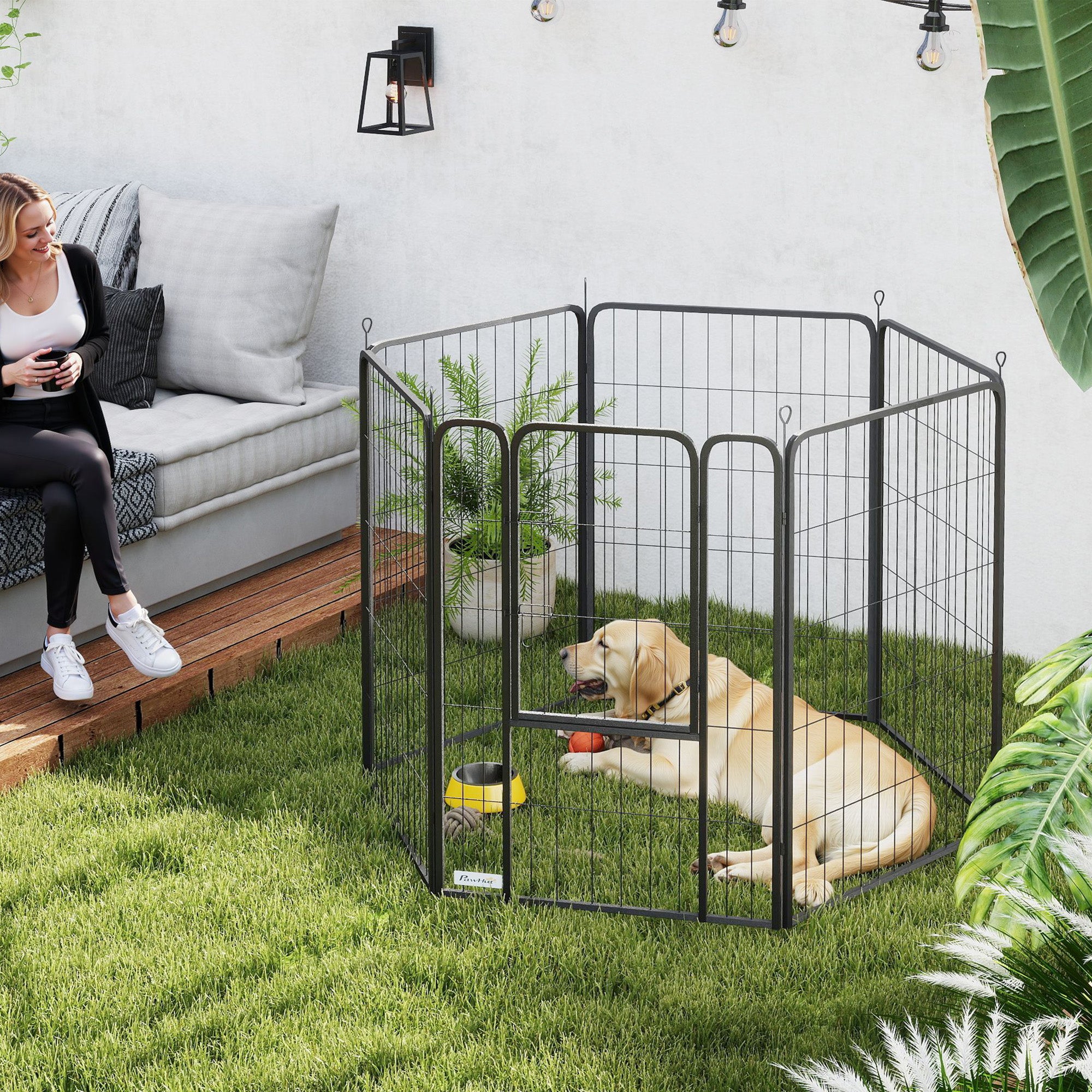 PawHut 6 Panels Heavy Duty Dog Playpen with Secure Door, for Indoor Outdoor, for Garden, Camping, 100cm High - North Peak Garden Furniture