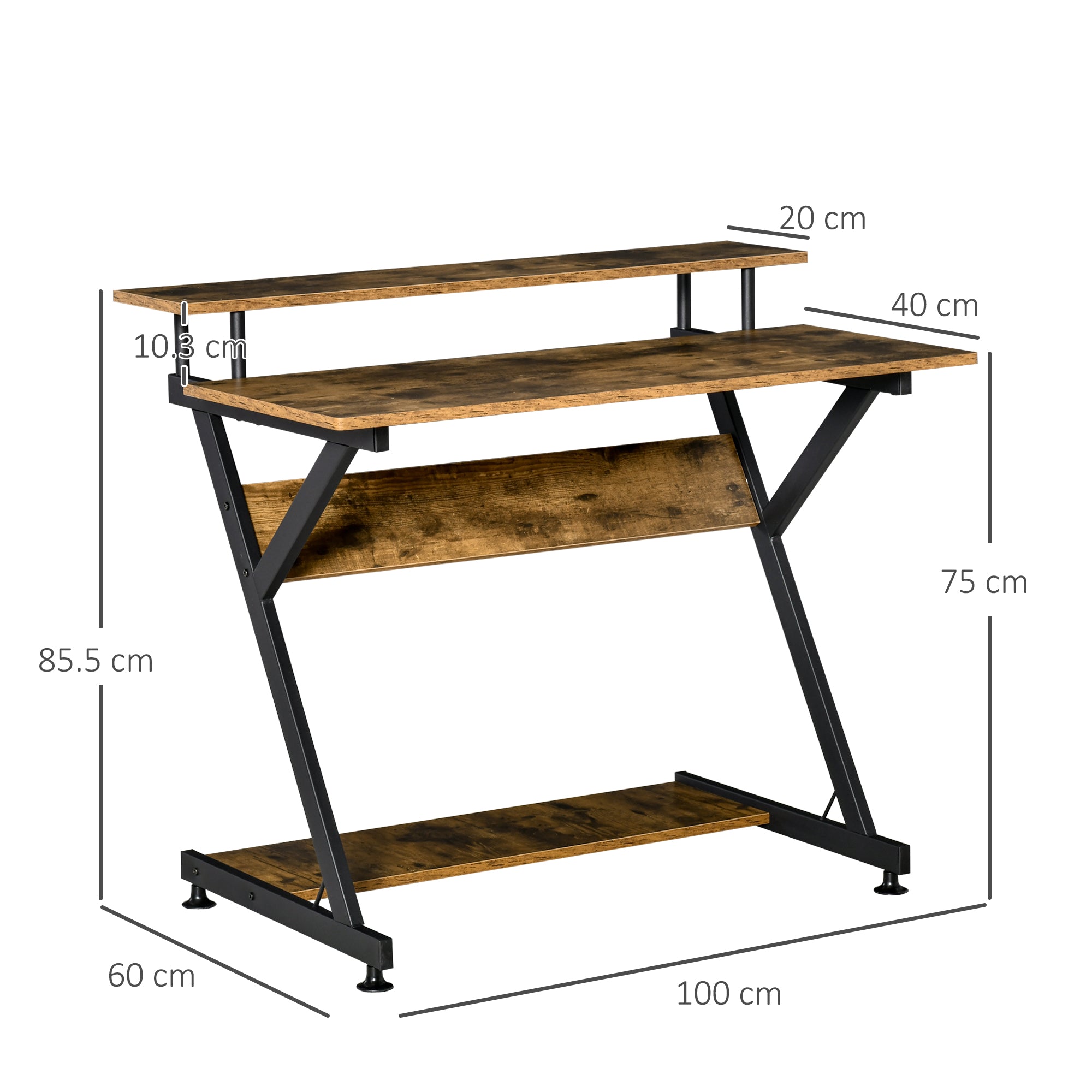 HOMCOM Industrial Computer Desk with Monitor Stand, 100 x 60cm Compact Desk for Small Spaces, Home Office Desk, Rustic Brown - North Peak Garden Furniture