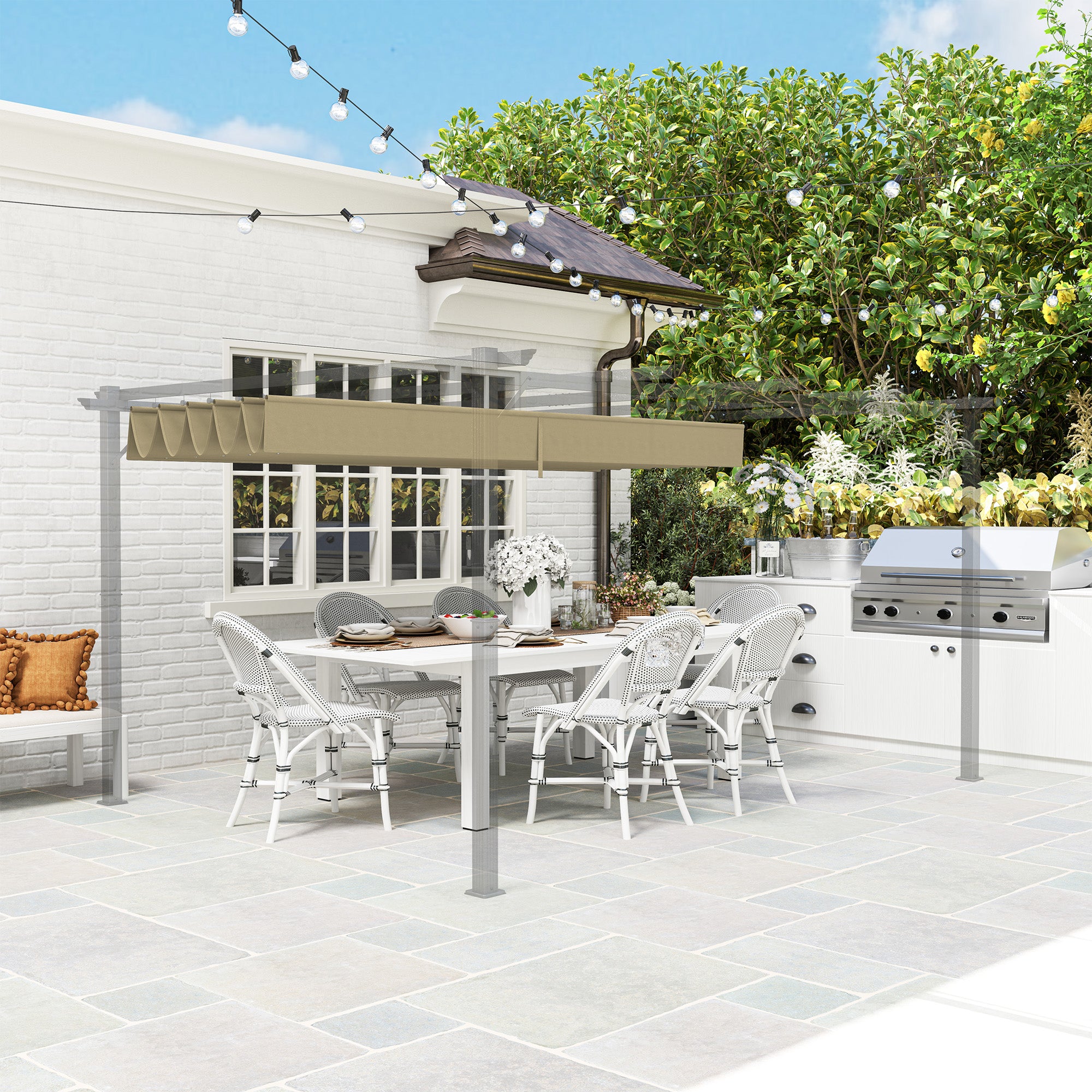 Outsunny Retractable Pergola Shade Cover, Replacement Canopy for 4 x 3 (m) Pergola, Retractable Roof, Tan - North Peak Garden Furniture