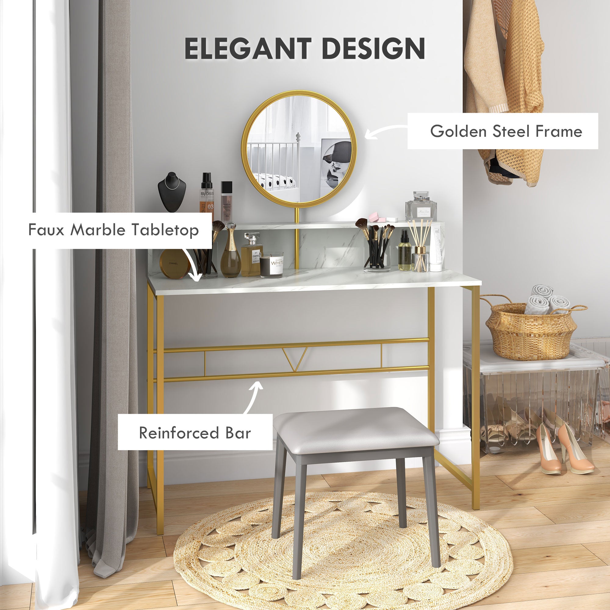 HOMCOM Modern Dressing Table with Round Mirror, Vanity Makeup Desk with Open Storage, Faux Marble Texture and Steel Frame for Bedroom, White - North Peak Garden Furniture