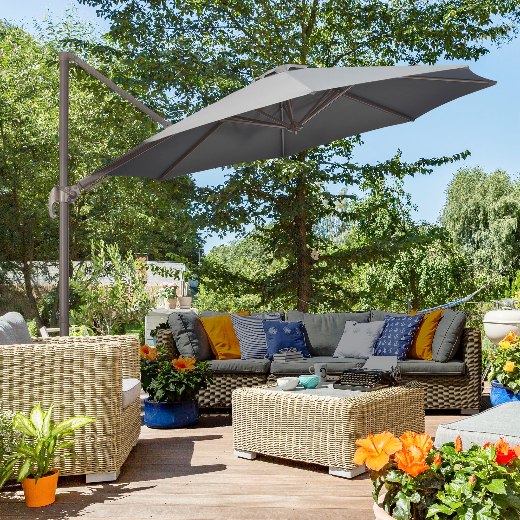 Outsunny 3(m) Cantilever Parasol 360° Rotation Roma Umbrella Hanging Sun Shade with Aluminium Frame, Tilt Crank, 8 Ribs and Cross Base, Dark Grey - North Peak Garden Furniture