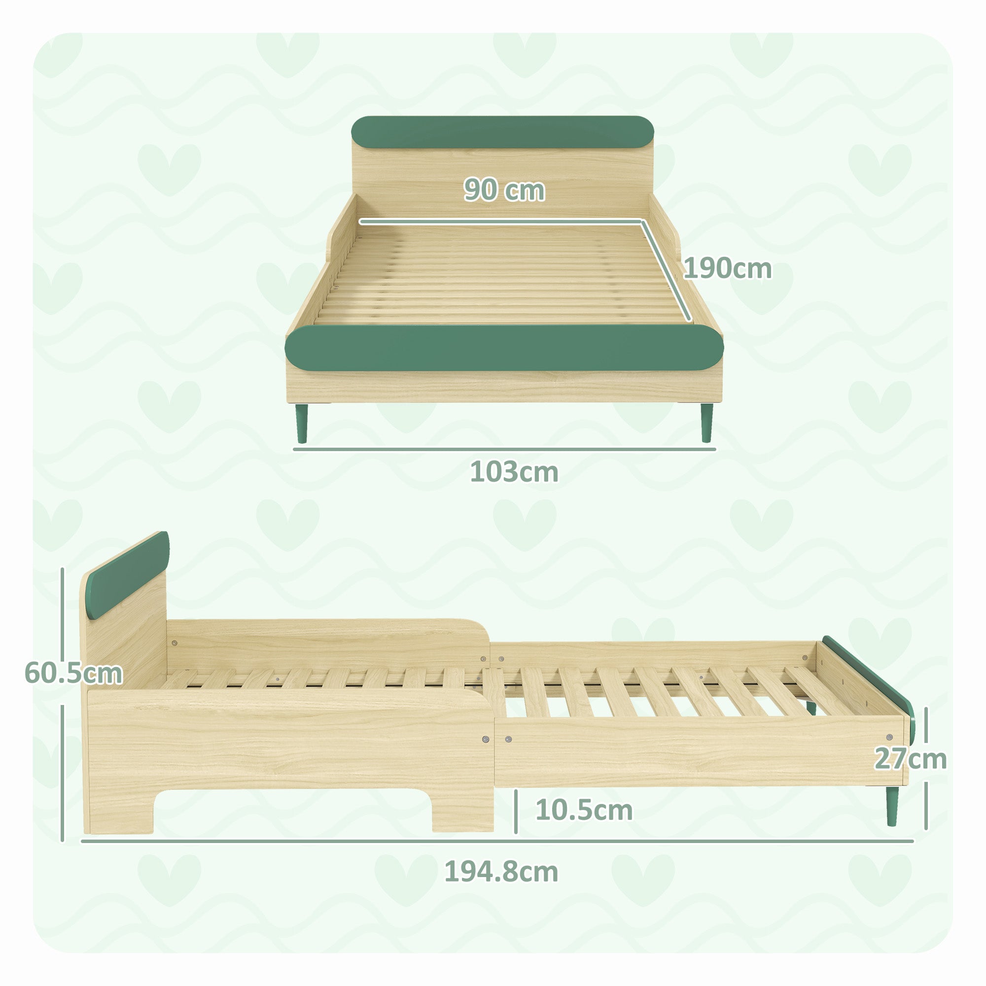 AIYAPLAY Toddler Bed with Safety Rail for Ages 3-10 Years, 195 x 103 x 60.5cm, Green - North Peak Garden Furniture