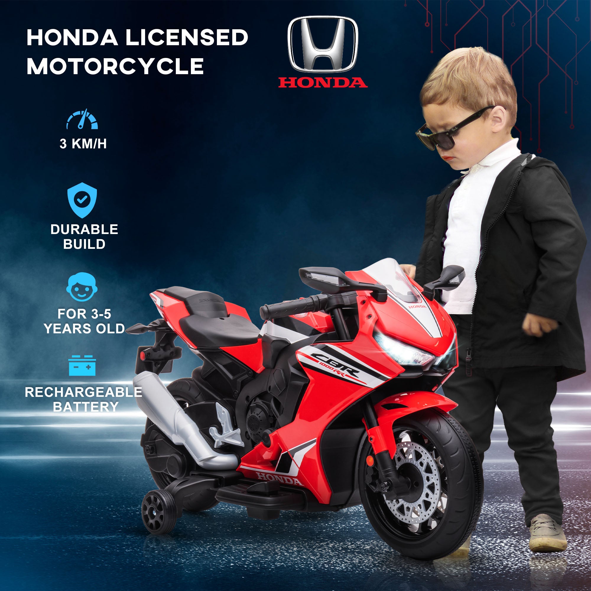 HOMCOM 6V Honda Licensed Kids Motorcycle w/ Music, Training Wheels - Red - North Peak Garden Furniture