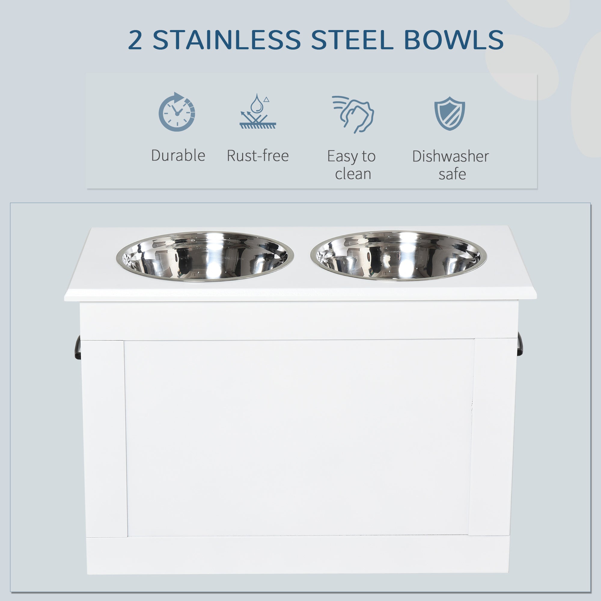 PawHut Raised Dog Bowls, with Storage, Two Stainless Steel Bowls, Elevated Base - White - North Peak Garden Furniture