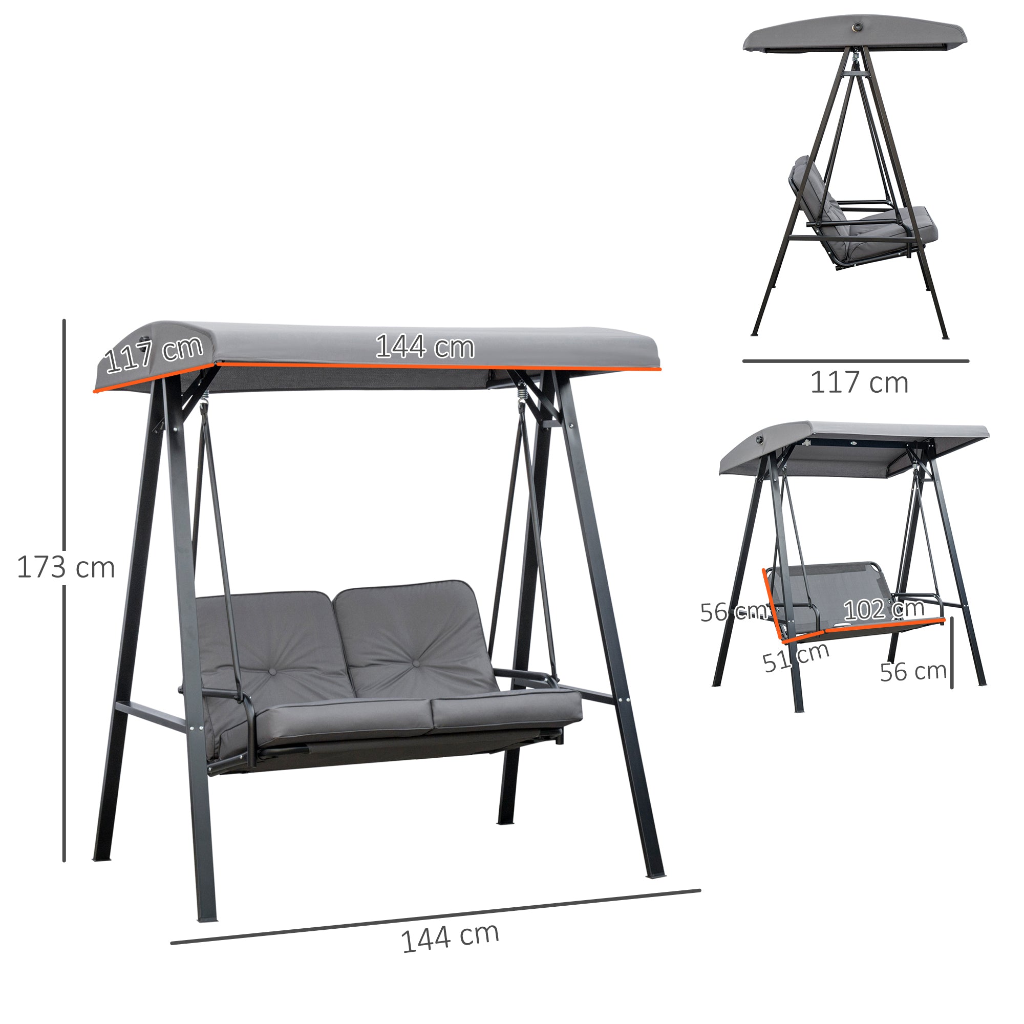 Outsunny 2 Seater Garden Swing Chair with Adjustable Tilting Canopy, Outdoor Hammock Bench with Steel Frame for Patio, Grey