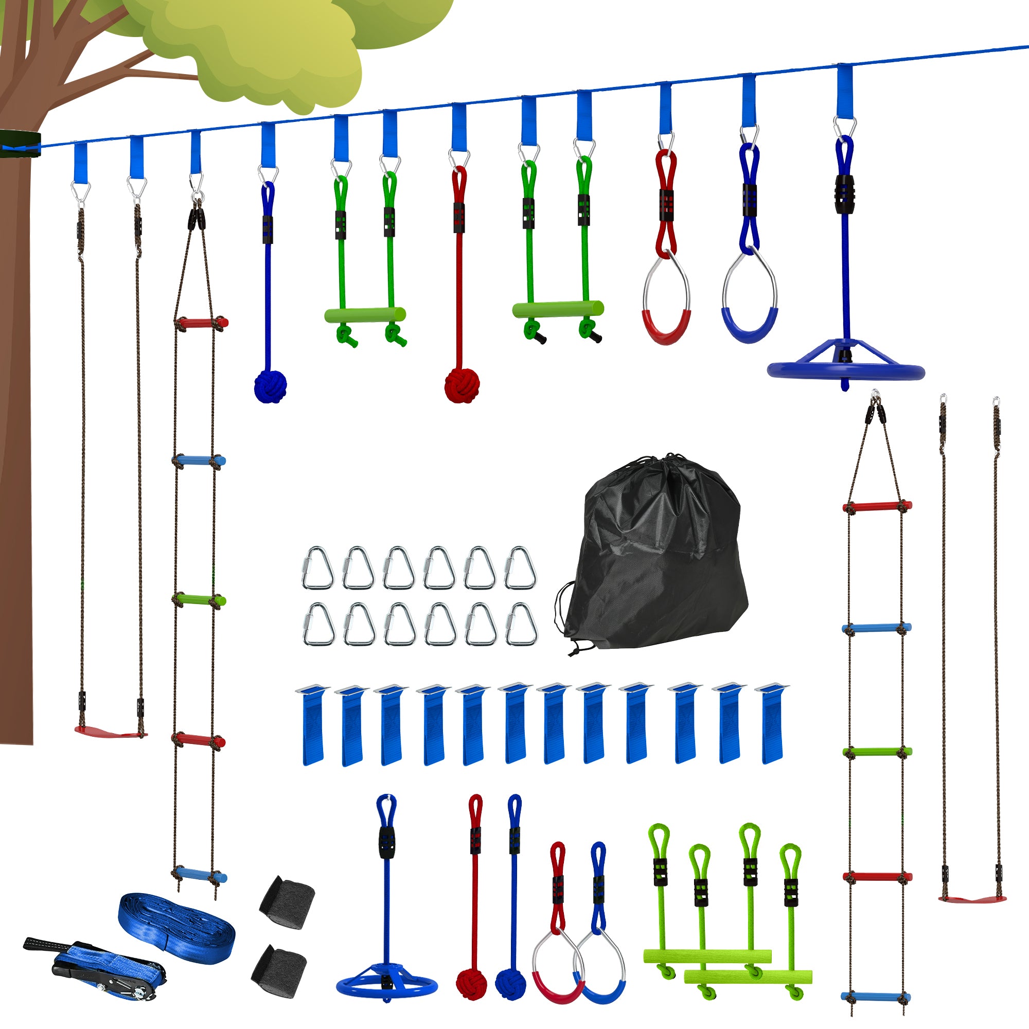 AIYAPLAY 10 Piece Zip Line Kit for Kids with 10m Slackline, Monkey Bars, Swing, Climbing Ladder, Hanging Tray, Metal Rings - North Peak Garden Furniture