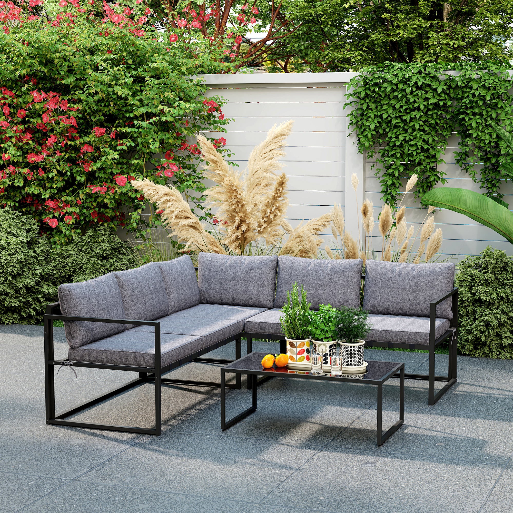 Outsunny Three-Piece L Shaped Garden Furniture Set with Cushions - Grey - North Peak Garden Furniture