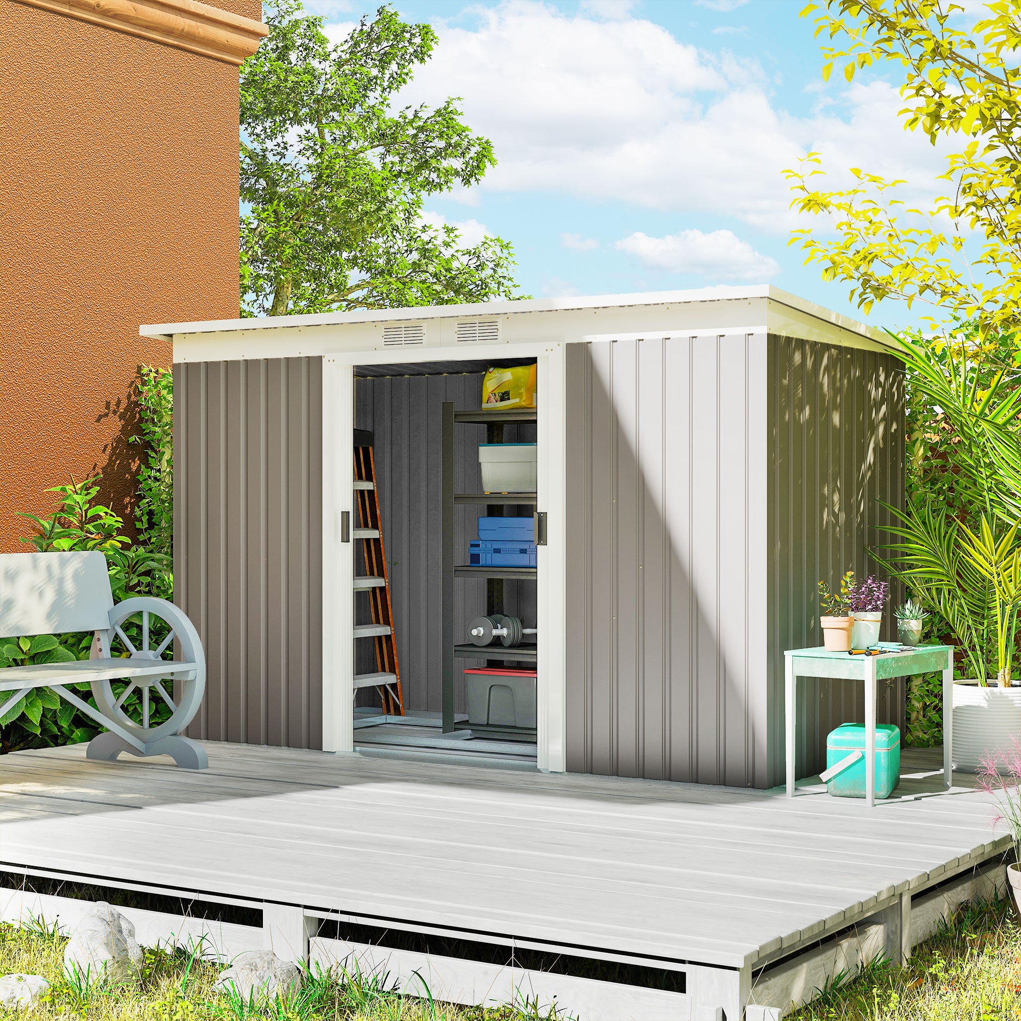 Outsunny Corrugated Garden Metal Storage Shed Outdoor Equipment Tool Box with Kit Ventilation Doors 9x 4FT Light Grey