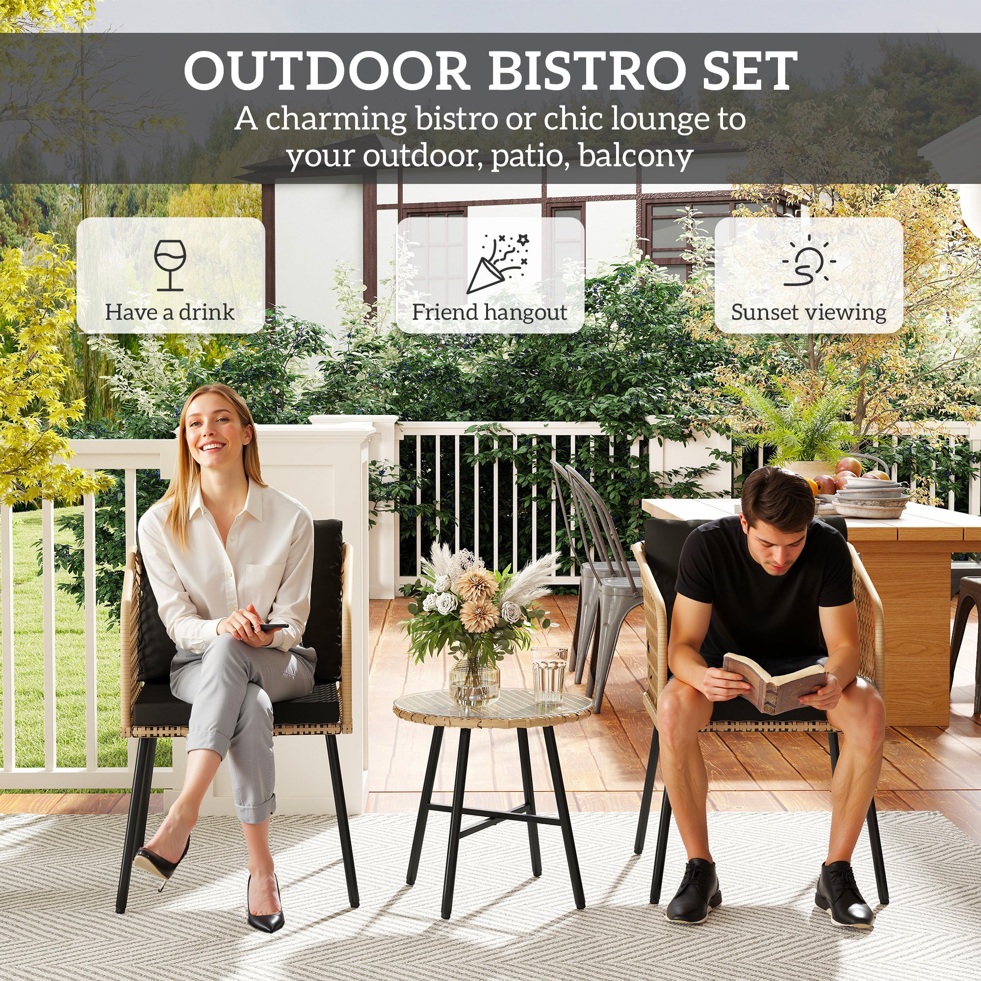 Outsunny Three-Piece Cut-Out Rattan Chair and Table Set - Brown/Black - North Peak Garden Furniture