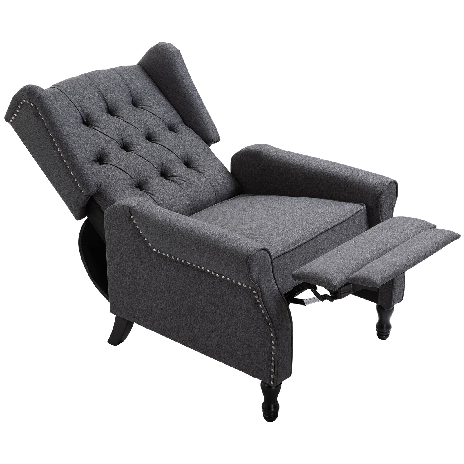 HOMCOM Recliner Armchair, Vintage Reclining Chair with Nail Head Trim, Wingback Chair with Button Tufted Back and Footrest, for Living Room, Dark Grey