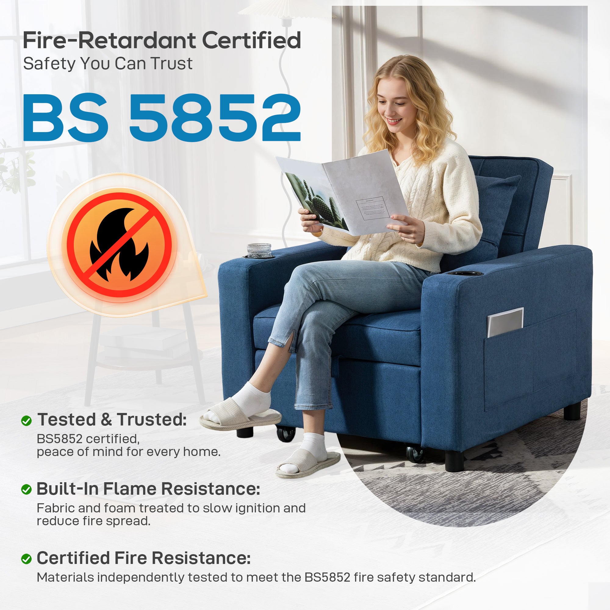 HOMCOM 3-in-1 Single Sofa Bed, Convertible Sleeper Chair Bed - Dark Blue