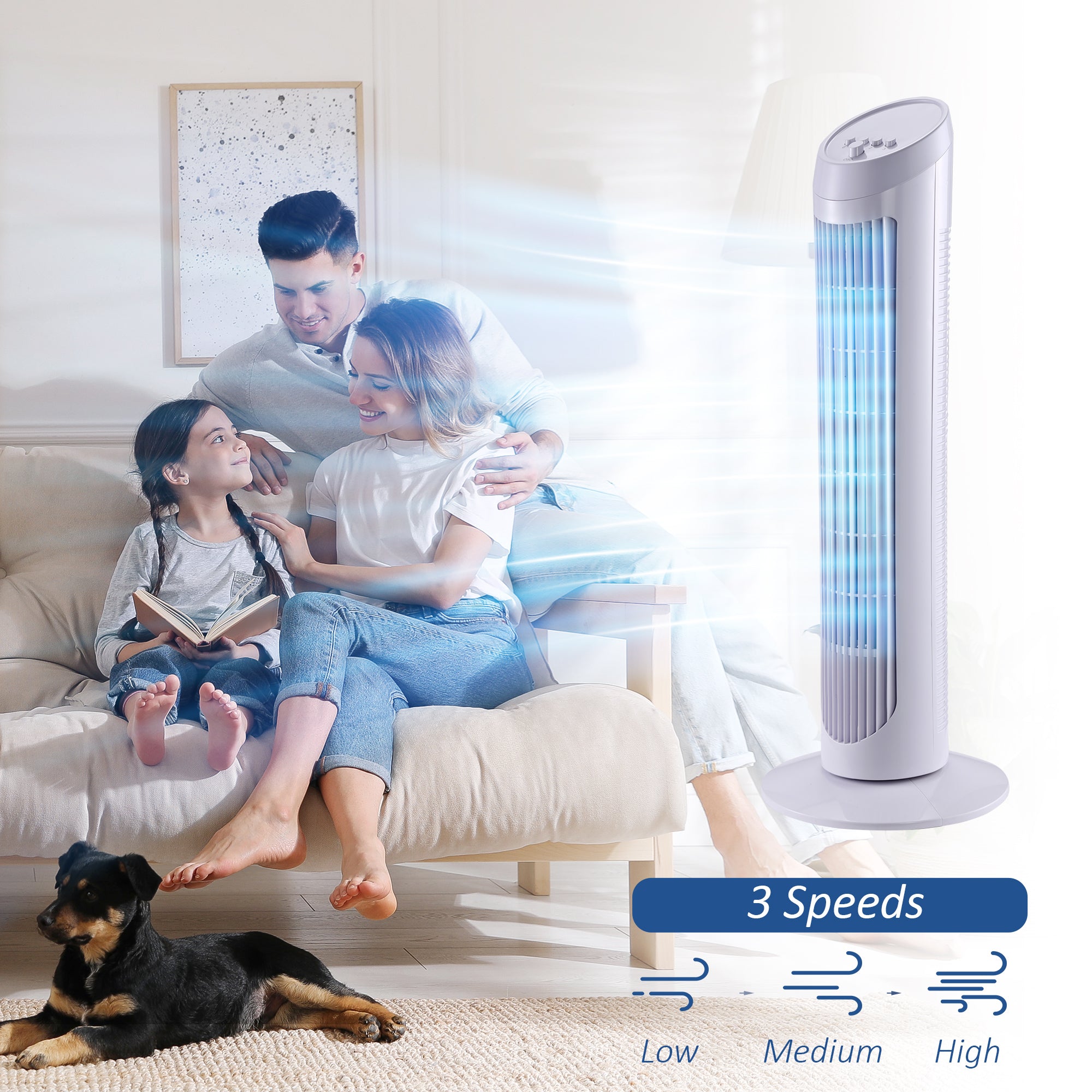 HOMCOM Tower Fan for Bedroom Cooling, 30 Inch Electric 70° Oscillating Fan with 3 Speed Settings, Standing Floor Fan for Home Office Indoor, White