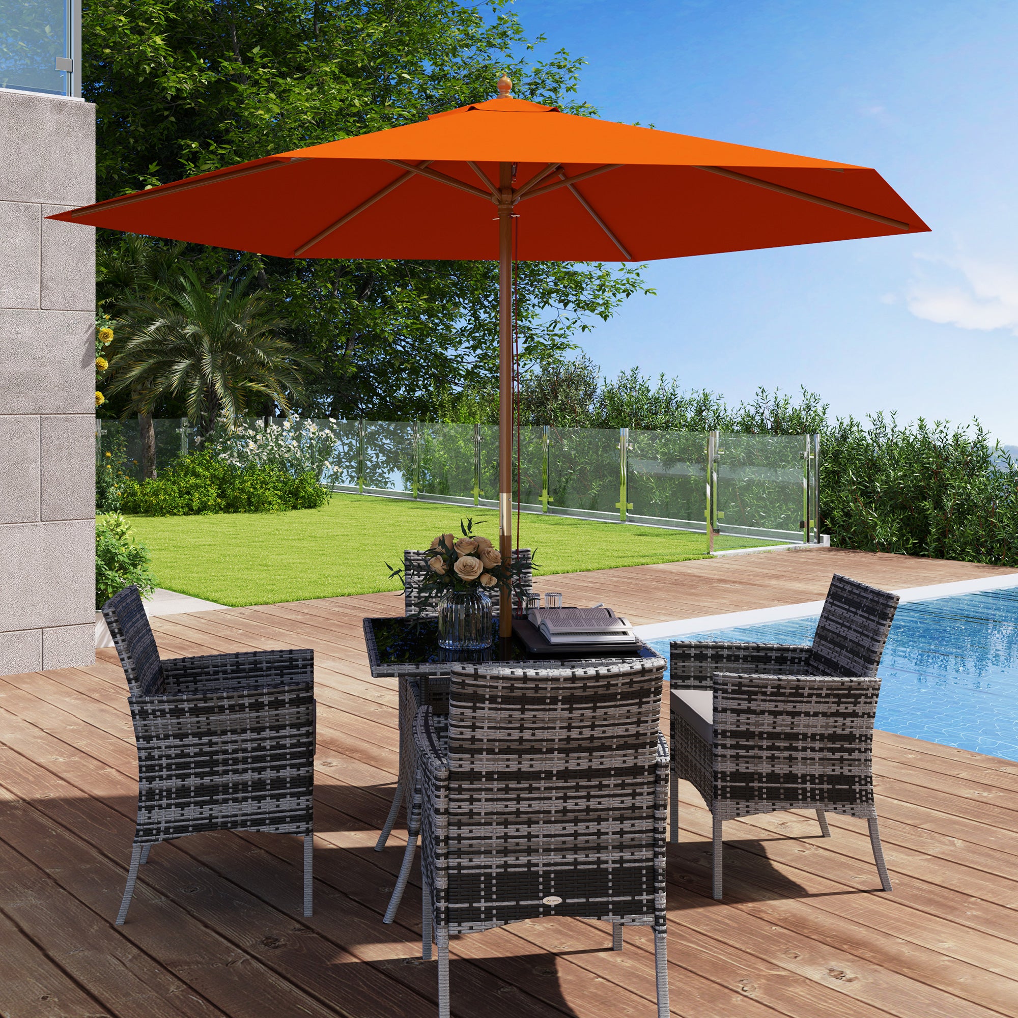 Outsunny 2.5m Wood Garden Parasol Sun Shade Patio Outdoor Wooden Umbrella Canopy Orange - North Peak Garden Furniture