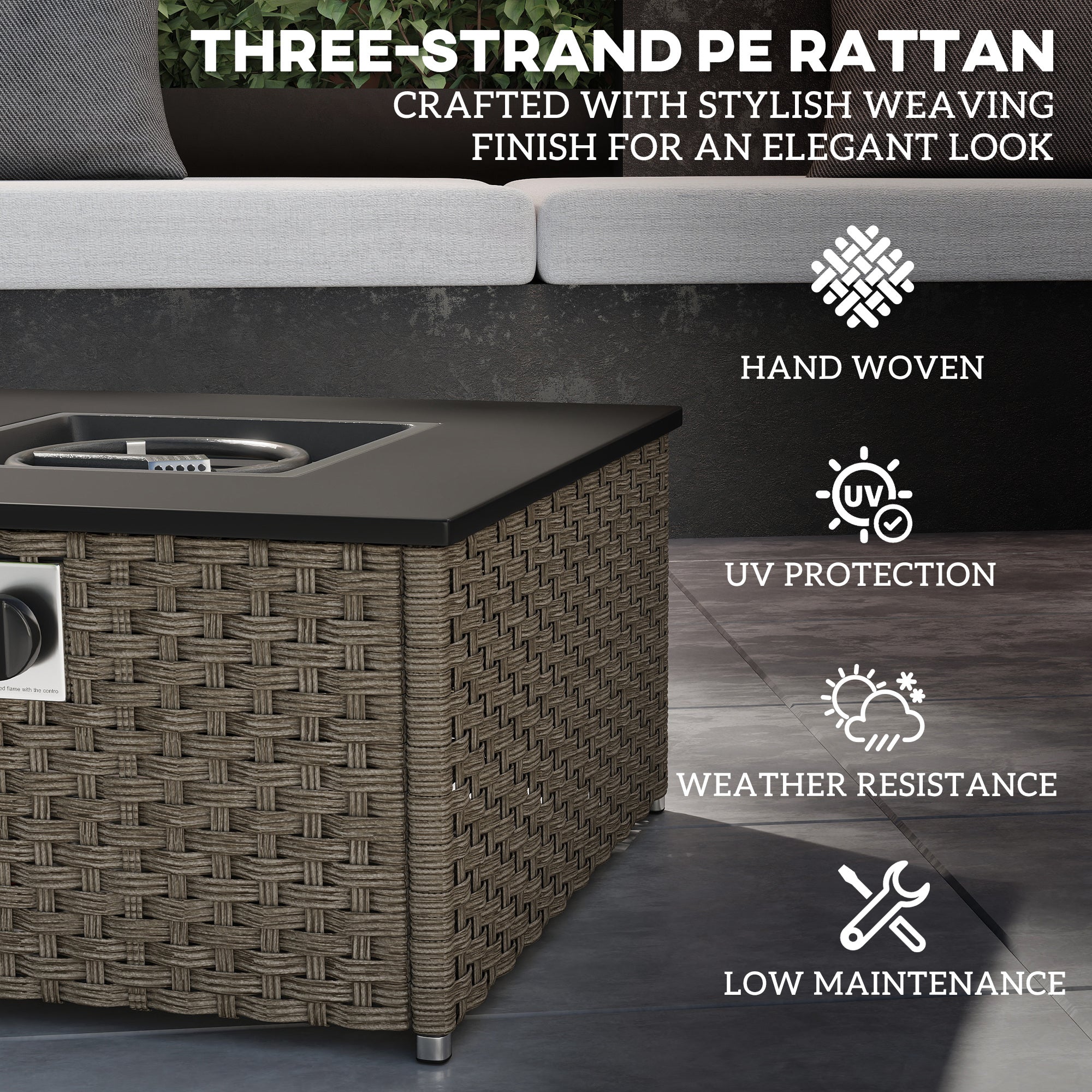 Outsunny Rattan Gas Fire Pit Table for Garden, 13 KW Smokeless Propane Fire Pit with Lid, Square Garden Coffee Table with Patio Heater for Outdoor, Patio, 58 x 58 x 33 cm, Grey - North Peak Garden Furniture