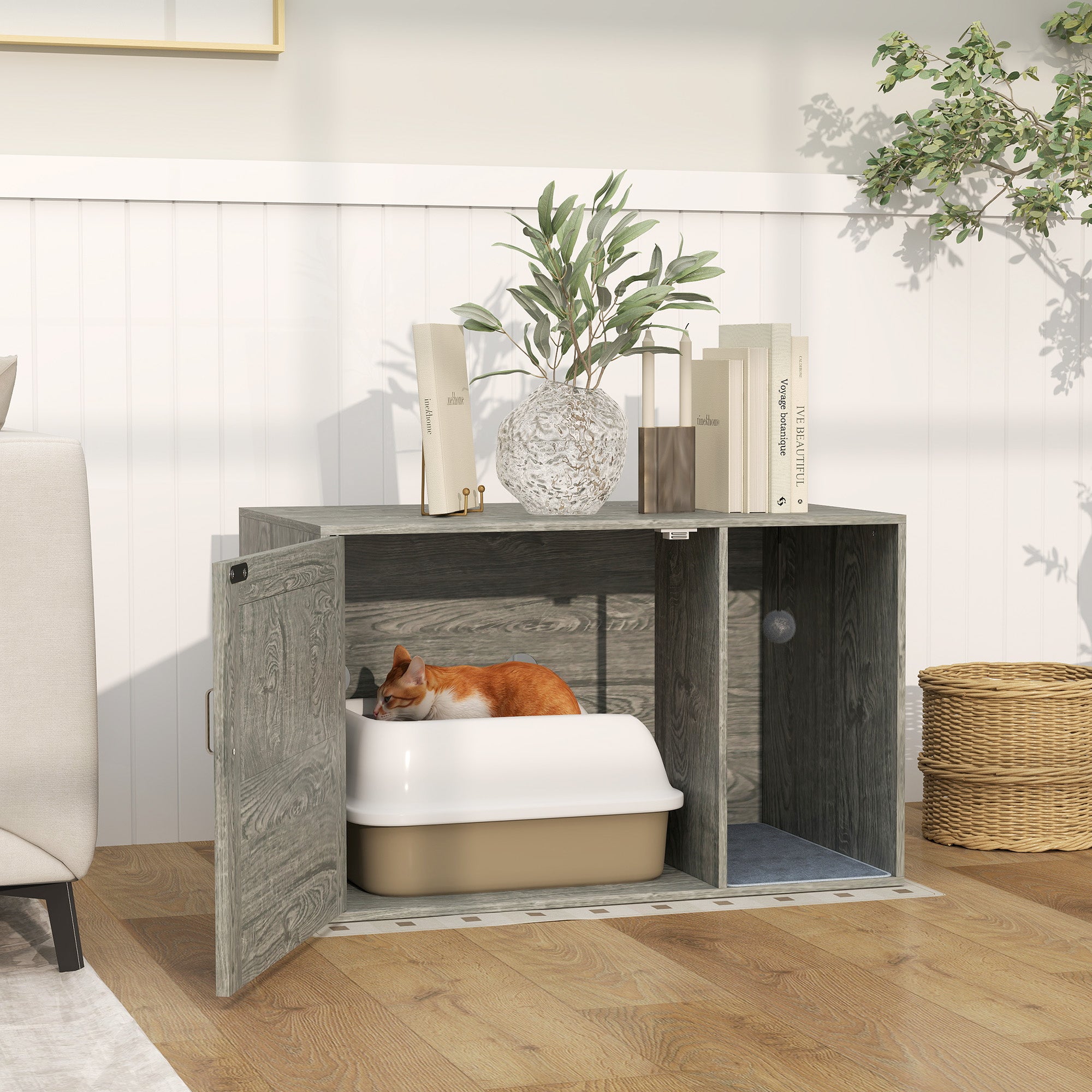 PawHut Boho Style Cat Litter Box Enclosure with Rattan Door, Scratching Mat, Toy Ball, Non-slip Foot Pads, 80 x 50 x 50cm, Grey - North Peak Garden Furniture