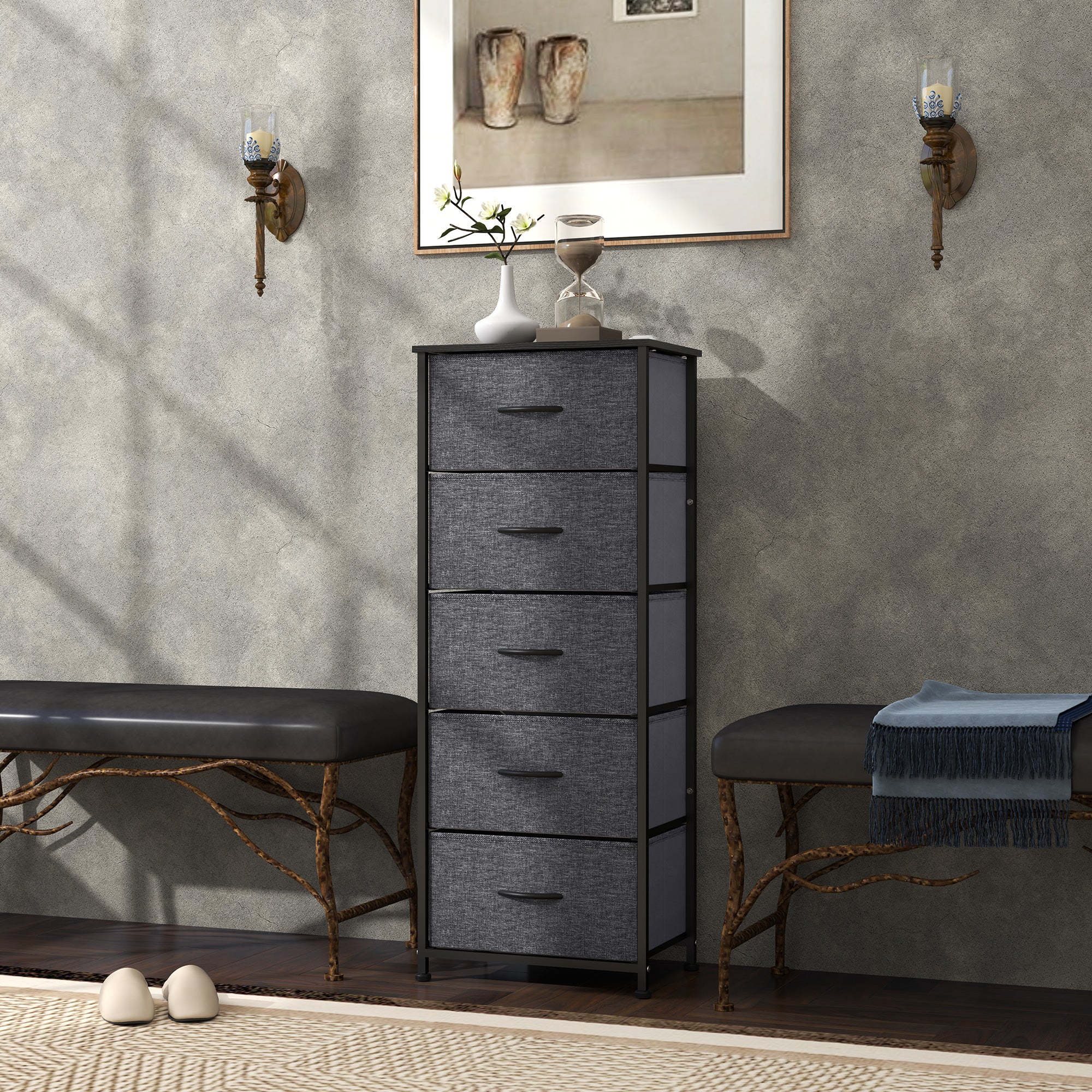 HOMCOM Fabric Chest of Drawers, Storage Drawers, Industrial Bedroom Dresser with 5 Fabric Drawers, Steel Frame and Wooden Top for Nursery, Living Room, Hallway, Dark Grey - North Peak Garden Furniture