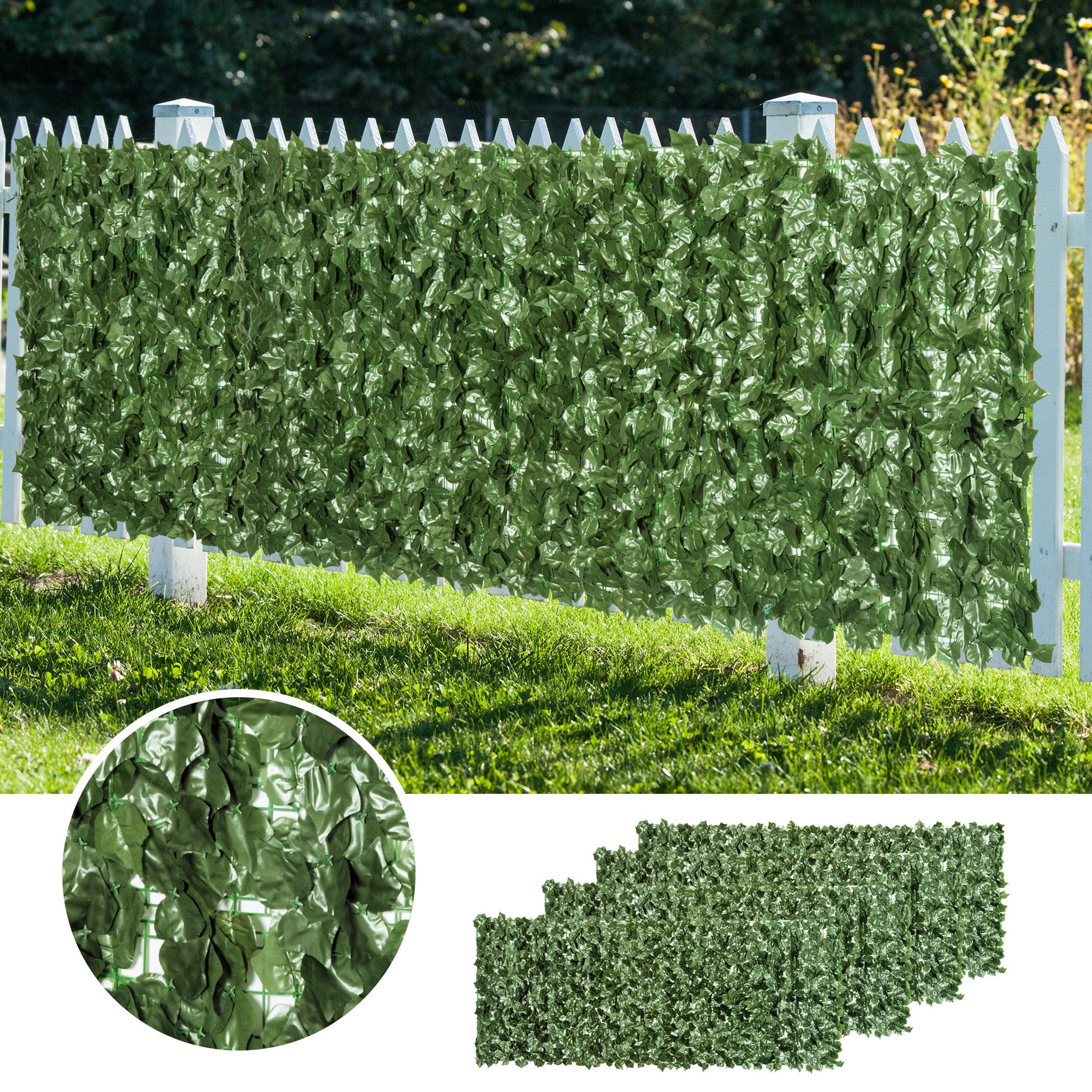 Outsunny 4-Piece Artificial Leaf Hedge Screen Privacy Fence Panel for Garden Outdoor Indoor Decor, Dark Green, 2.4M x 1M - North Peak Garden Furniture