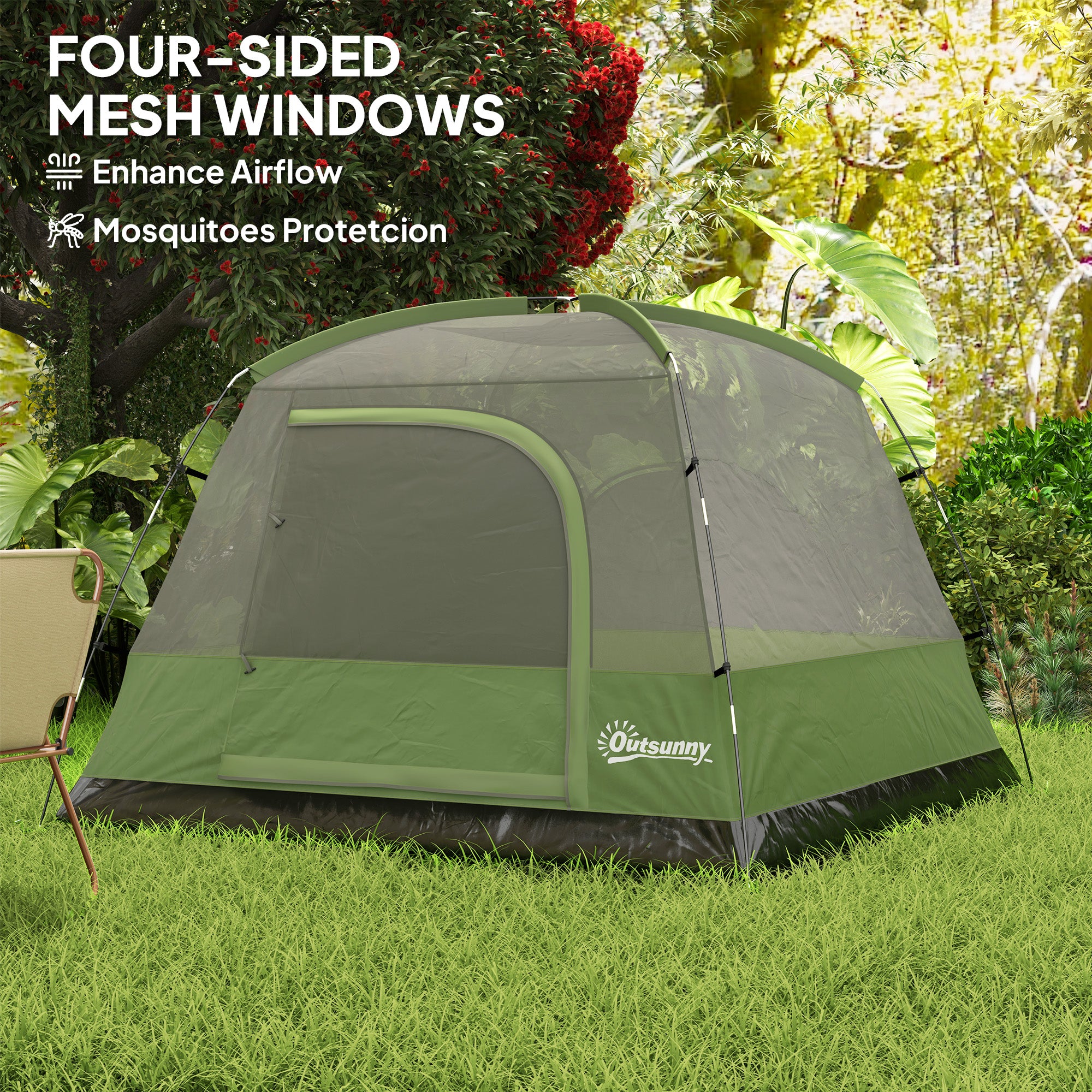 Outsunny 3-4 Person Camping Tent, Easy Set Up Waterproof Dome Tent with Sewn-in Groundsheet, Mesh Windows, Pocket and Hook for Camping, Hiking, Backpacking, Olive Green and Grey - North Peak Garden Furniture