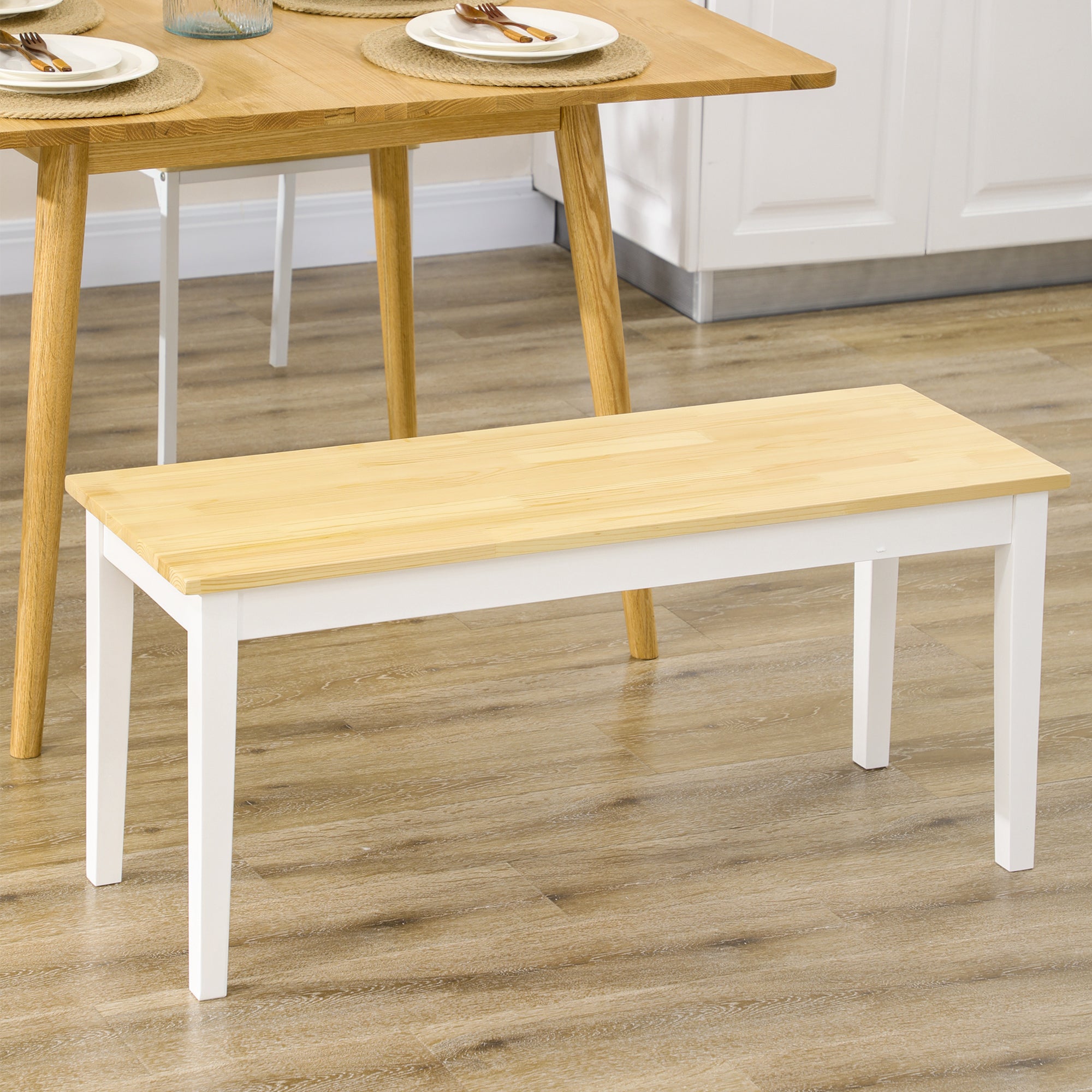 HOMCOM 102 cm Wood Dining Bench for 2 People, Wooden Bench for Kitchen, Dining Room, Entryway, White - North Peak Garden Furniture