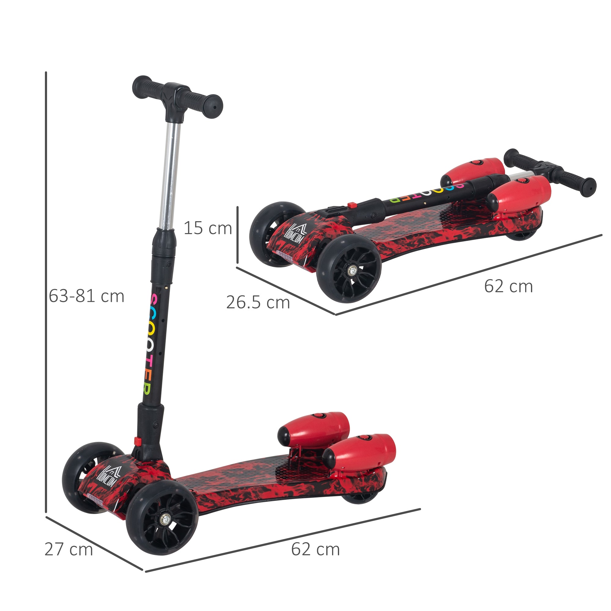 HOMCOM Scooter for Kids Toddler 3 Wheel Adjustable Height w/ Flashing Wheels Music Water Spray Foldable Kick Scooter for Boys and Girls 3 - 6 Yrs Red