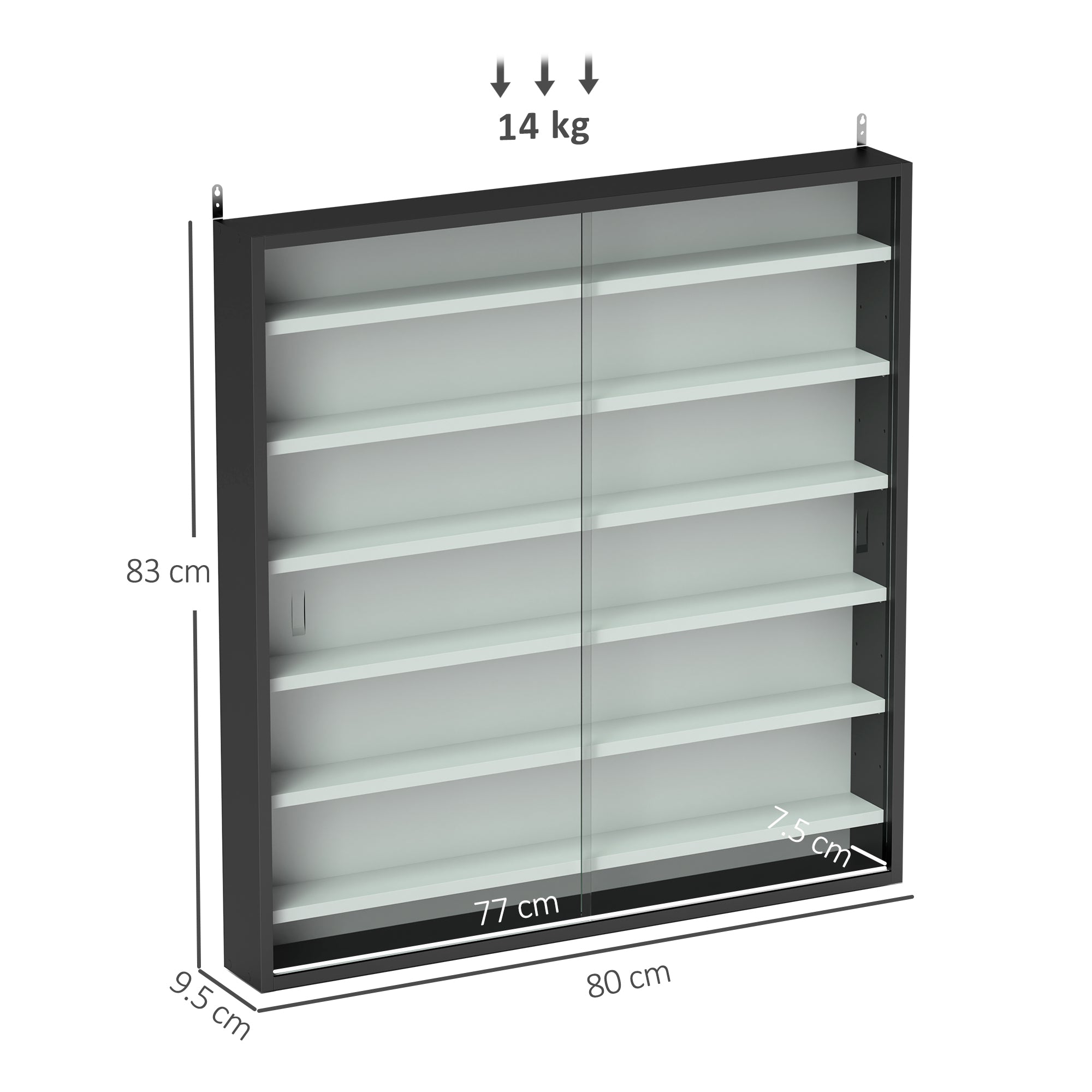 HOMCOM 7-Tier Wall Display Shelf Unit Cabinet w/ 6 Adjustable Shelves Glass Doors Home Office Ornaments 83x80cm, Black and White - North Peak Garden Furniture
