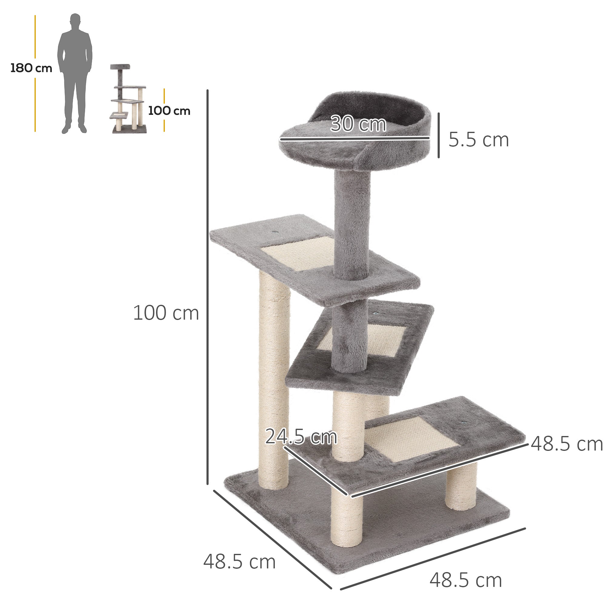 PawHut Cat Tower, Kitten Scratch Post, Sisal Climbing Activity Centre, Durable & Comfortable, Grey.