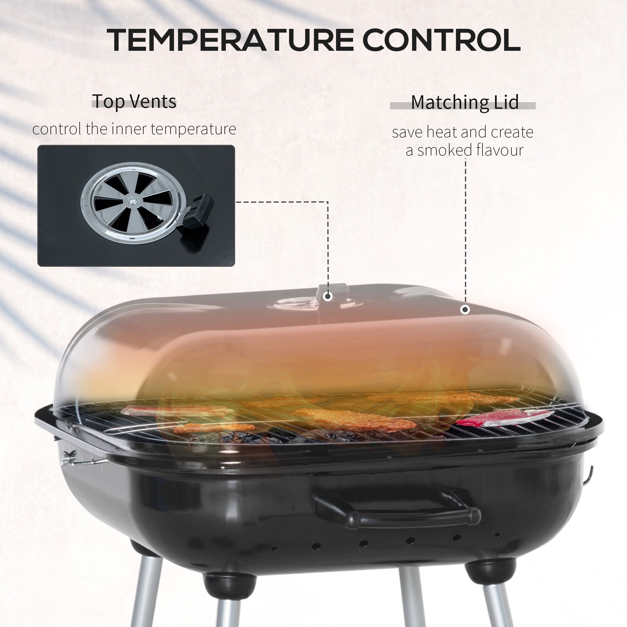 Outsunny Portable BBQ Charcoal Grill with 2 Wheels and Cooking Utensils, Smoker Grill with Lid for Outdoor Barbecues, Camping, Picnic, Courtyard - North Peak Garden Furniture