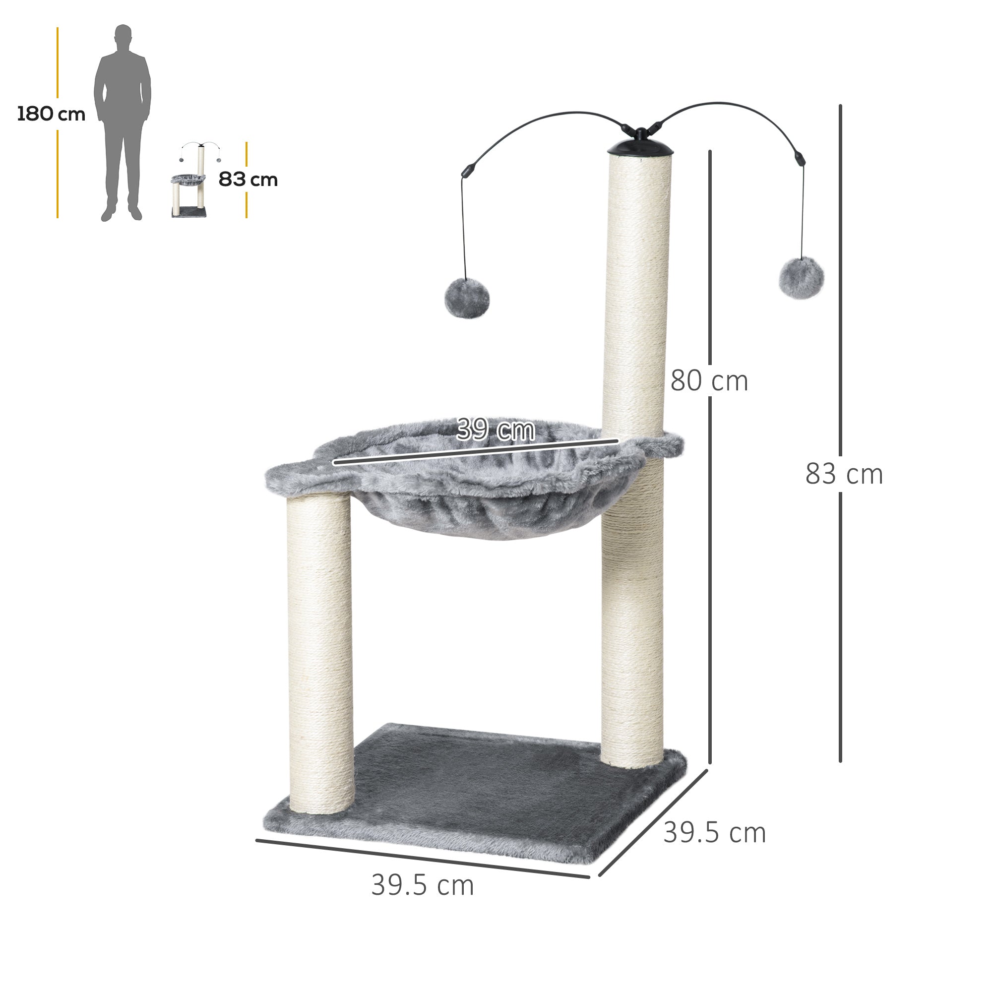 PawHut 83cm Cat Tree Tower for Indoor Cats w/ Sisal Scratching Post Hammock Hanging Toy Activity Centre - Grey - North Peak Garden Furniture