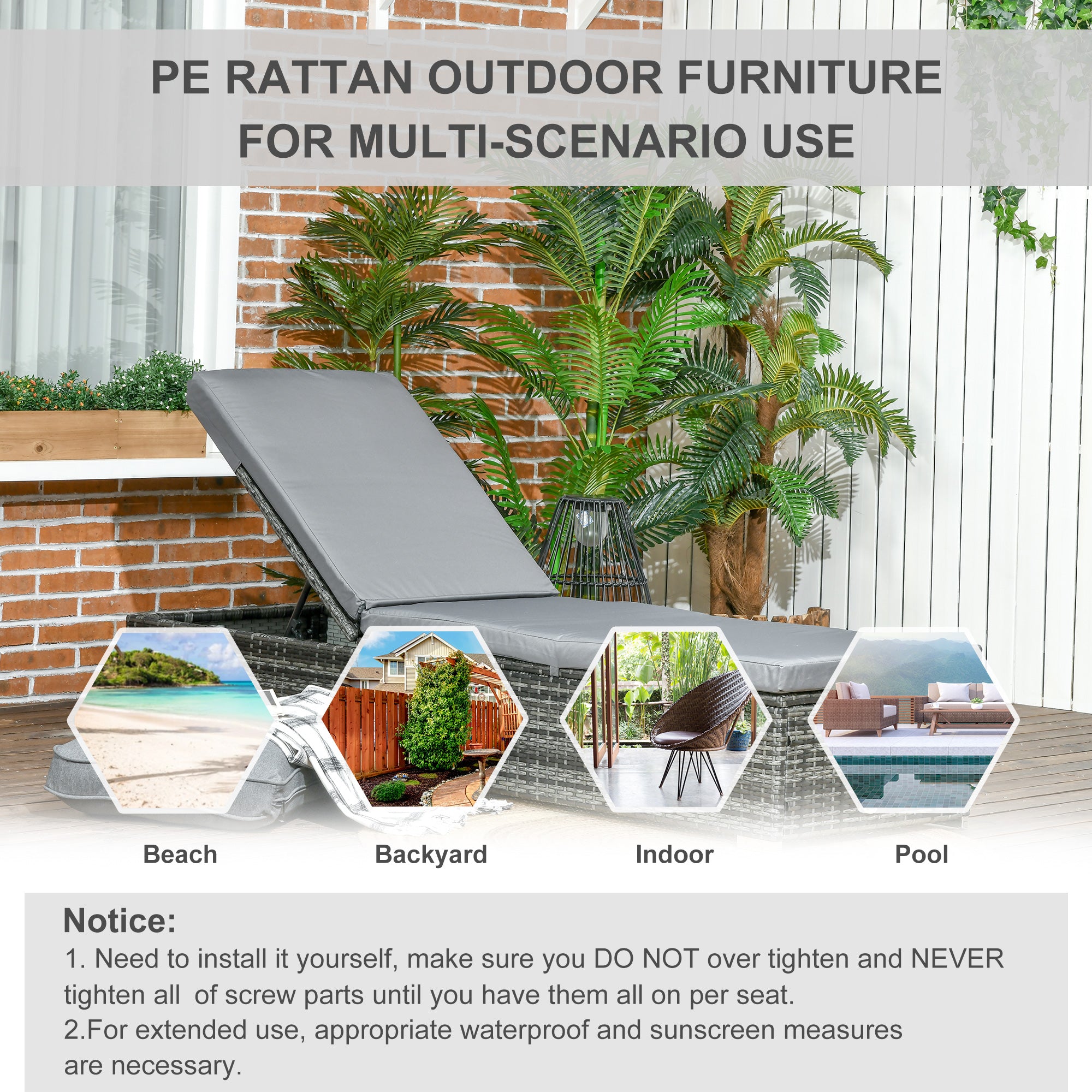 Outsunny PE Rattan Sun Lounger, Five-level Adjustable Recliner Bed Chair with Soft Padded Cushion for Patio, Garden, Mixed Grey - North Peak Garden Furniture