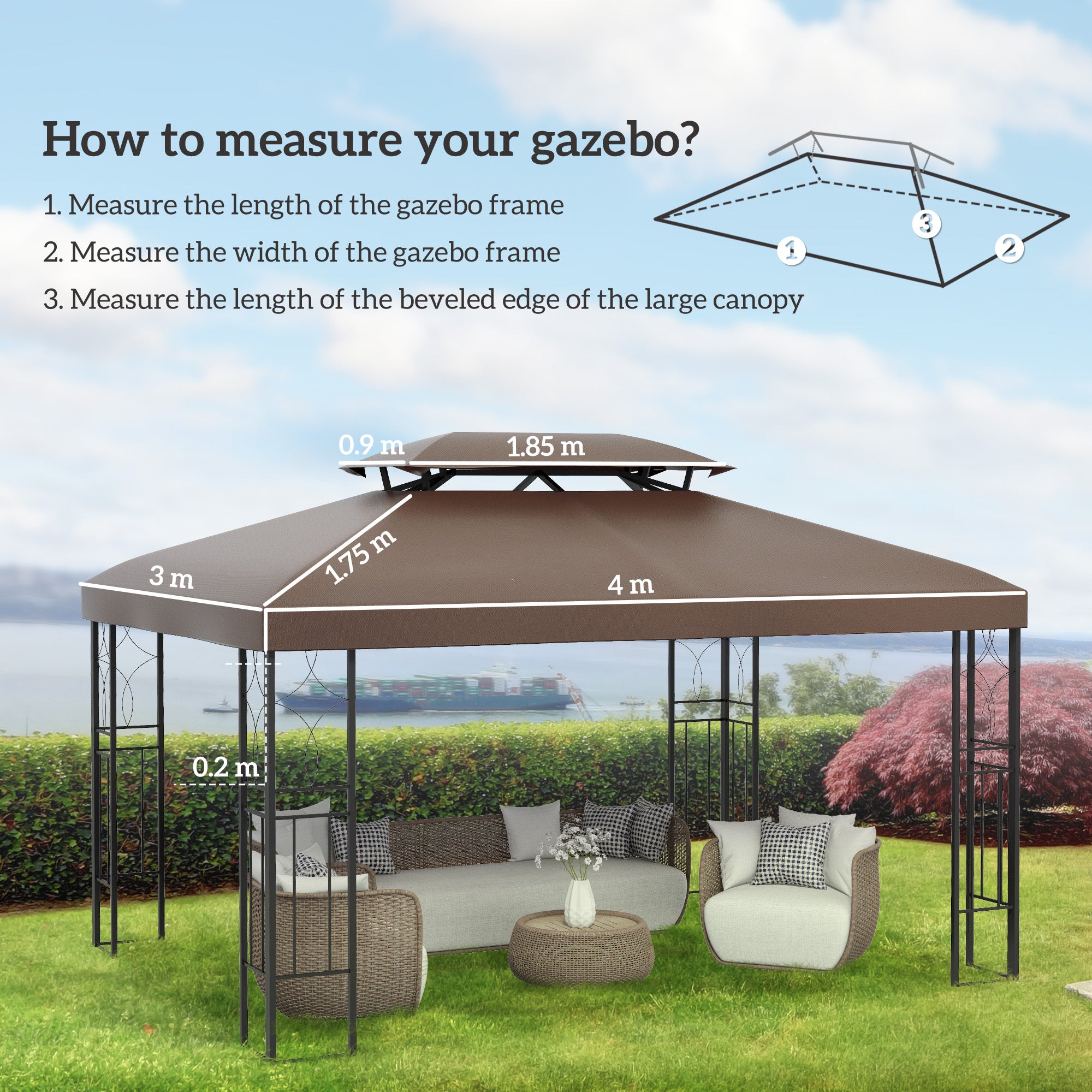 Outsunny 3x4m Gazebo Canopy Replacement Cover, 2 Tier Top Roof UV Cover Garden Patio Outdoor Sun Awning Shelters, Brown (TOP COVER ONLY) - North Peak Garden Furniture