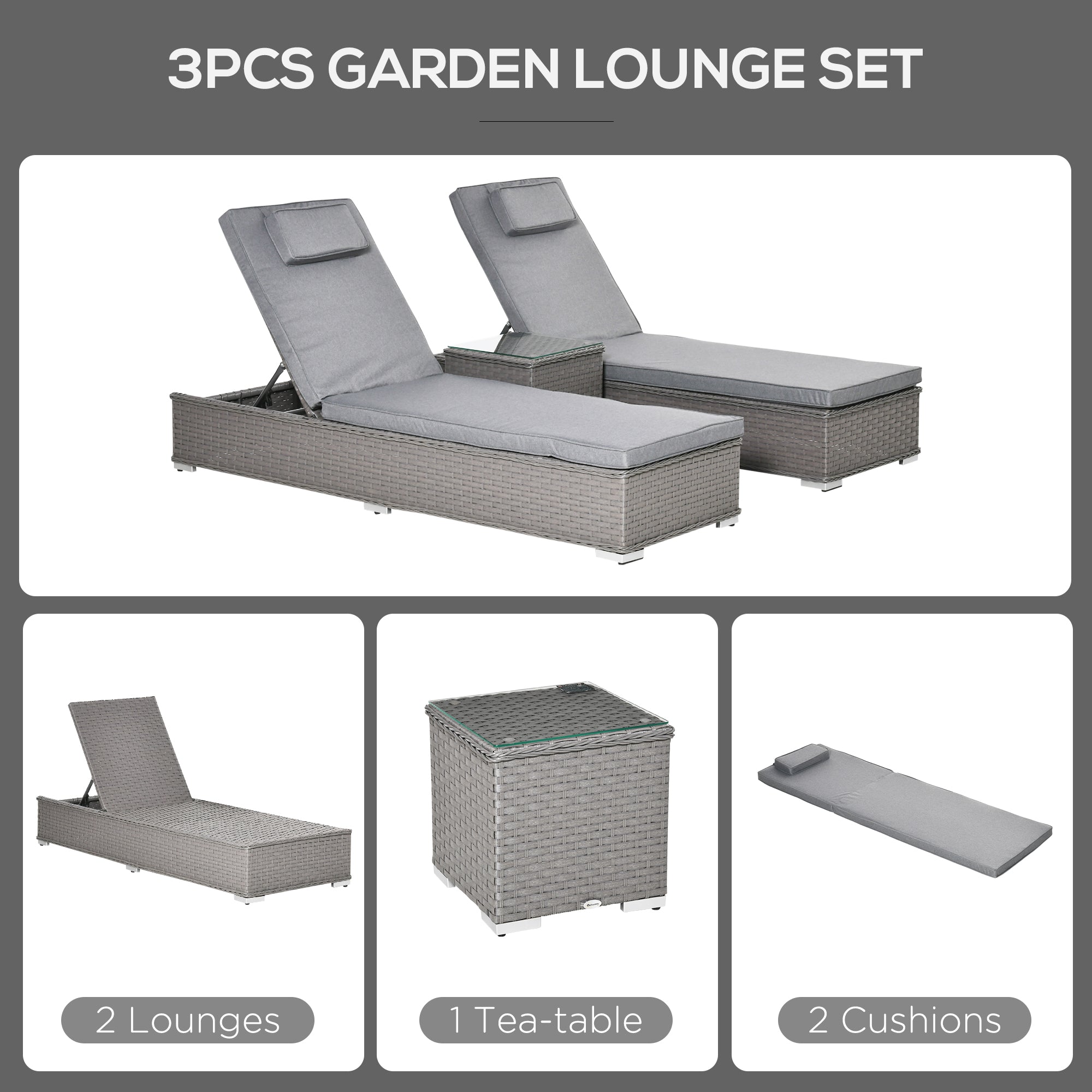 Outsunny 3PC Rattan Sun Lounger, Garden Furniture with Side Table, 5-Position Adjustable Recline Chair, Grey - North Peak Garden Furniture