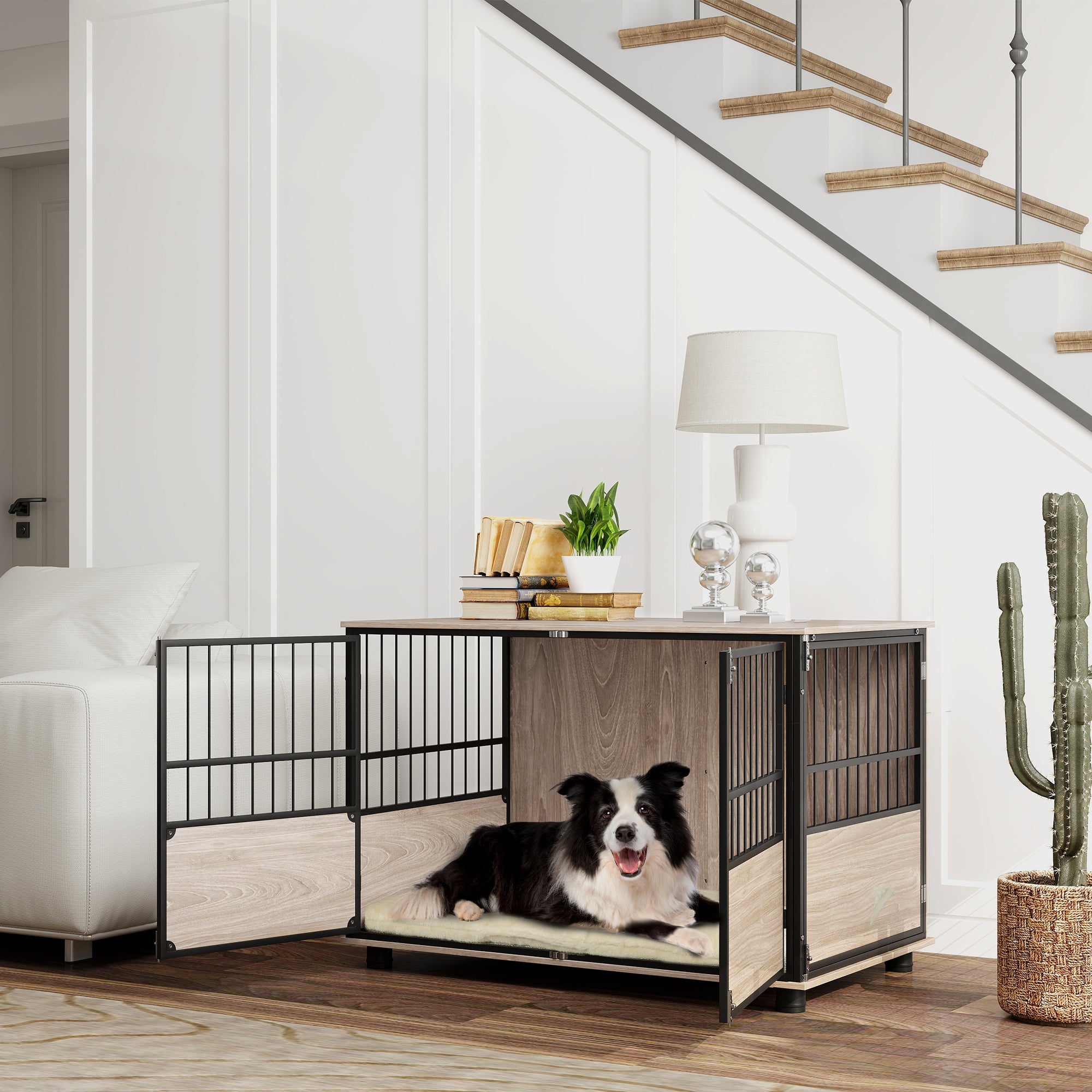 PawHut 100cm Furniture Style Dog Crate Dog Cage End Table Indoor with 3 Doors Soft Washable Cushion, for Large Sized Dogs - North Peak Garden Furniture