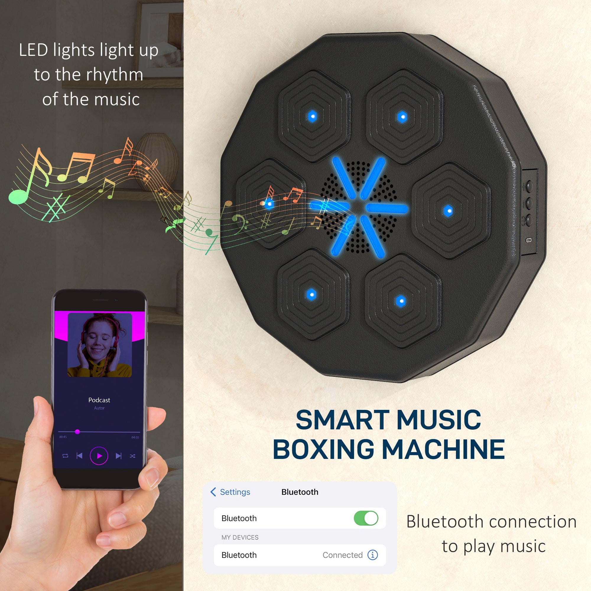 SPORTNOW Music Boxing Machine with Bluetooth Connection and LED Light Smart, Wall Mounted for Punching Beat Boxing Training - North Peak Garden Furniture