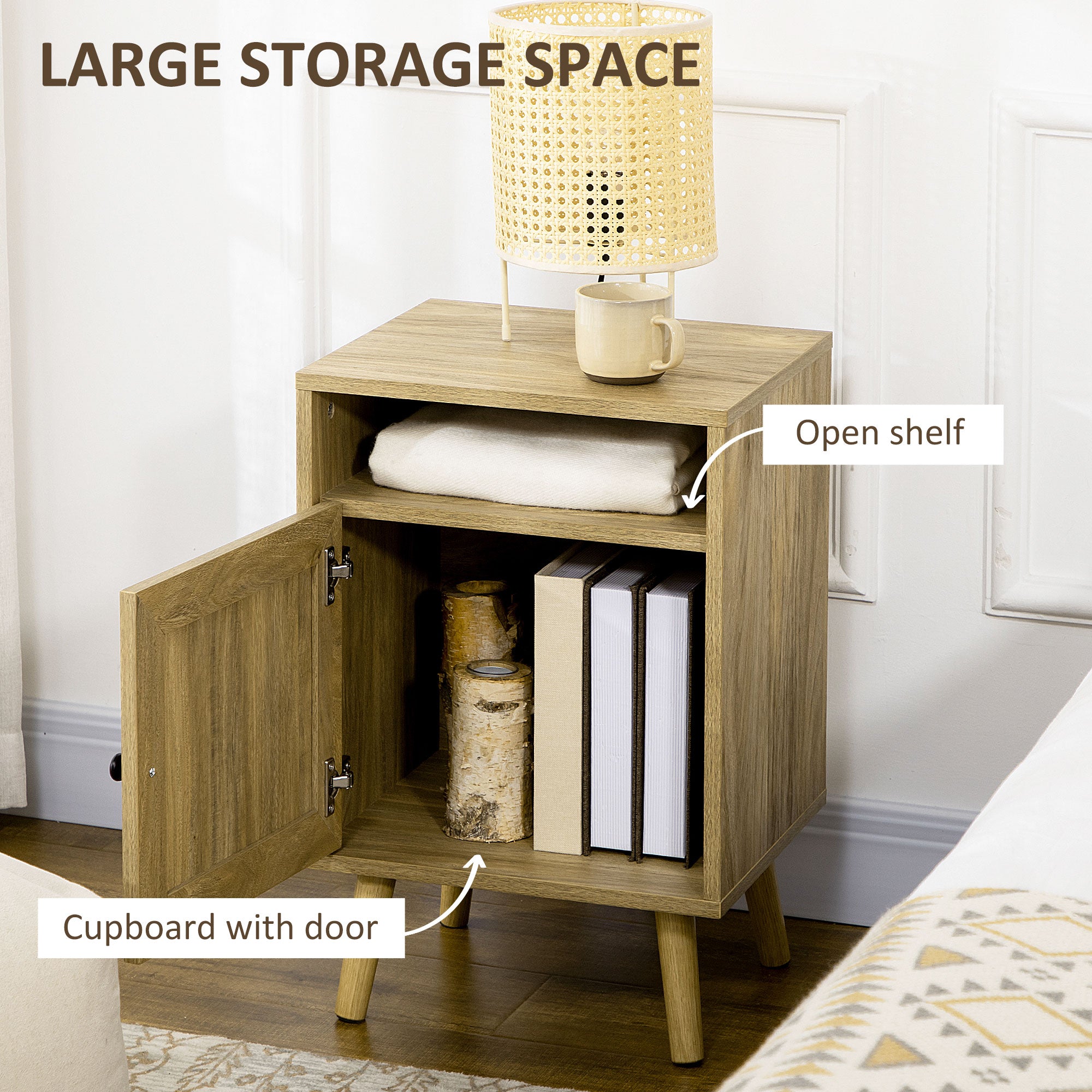HOMCOM Bedside Table with Rattan Element, Side End Table with Shelf and Cupboard, 39cmx35cmx60cm, Natural - North Peak Garden Furniture