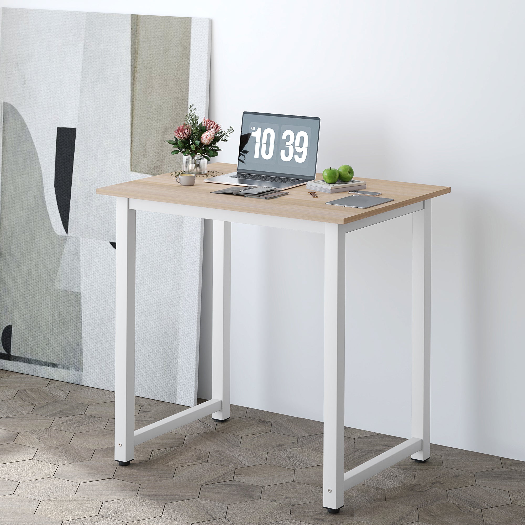 HOMCOM Computer Desk, Writing Table, 80 x 60 x 76cm Workstation for Home Office, Study with Metal Frame, Simple Assembly, White - North Peak Garden Furniture