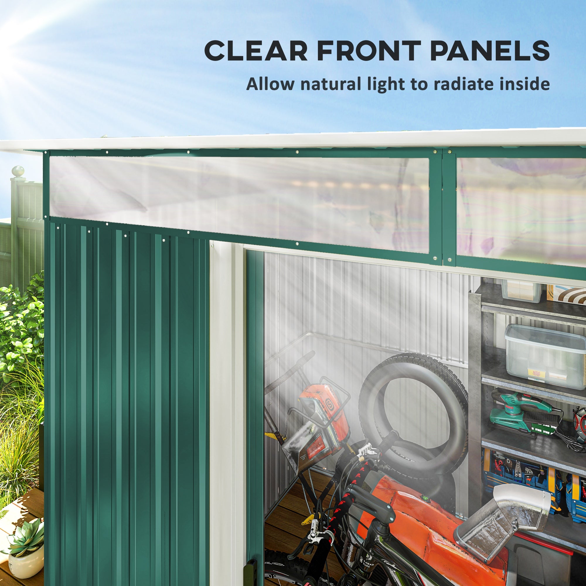Outsunny 8.5 x 6ft Metal Shed with Lightsky Panels, Garden Storage Tool House with Double Doors for Garden, Patio and Lawn, Green - North Peak Garden Furniture